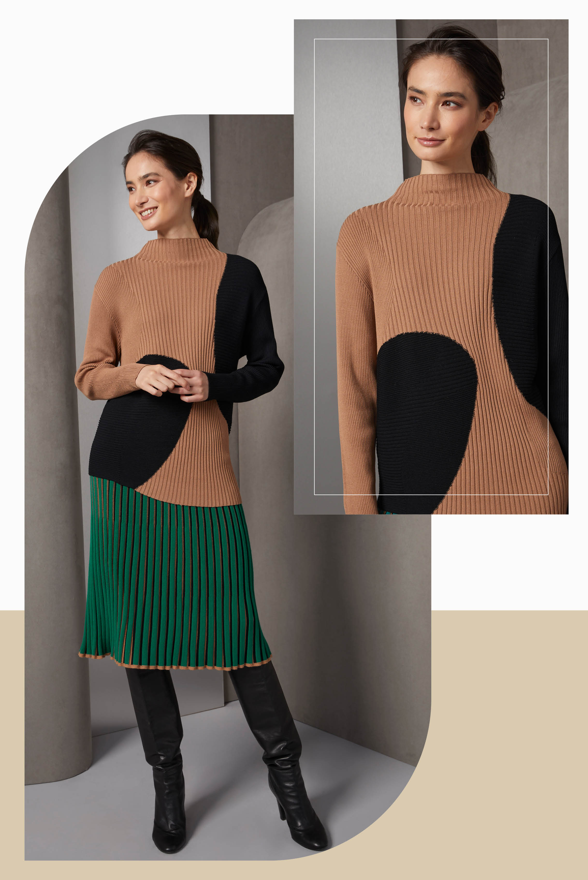 This striking free-form intarsia knit colorblock sweater features a curvy asymmetrical hem with varying lengths. The knit standout comes to life with its multi-width, multi-directional ribs.