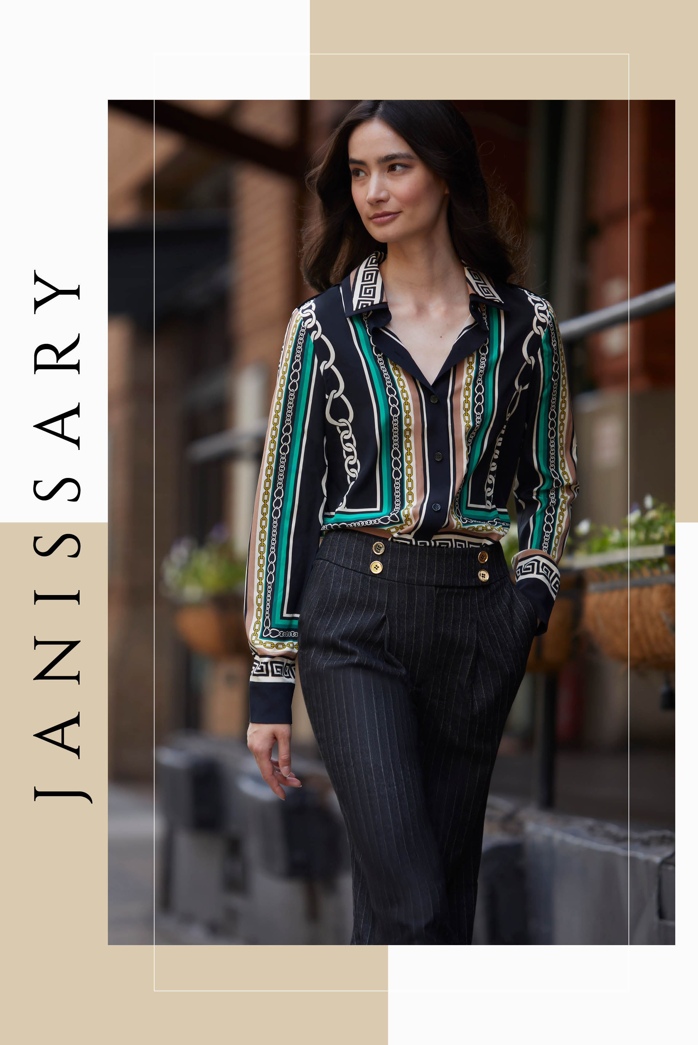 Layer on splendid textures, patterns, and fabrics. The six-color blouse is fluid silk crêpe de chine, printed with different chain, meander, and frame patterns.