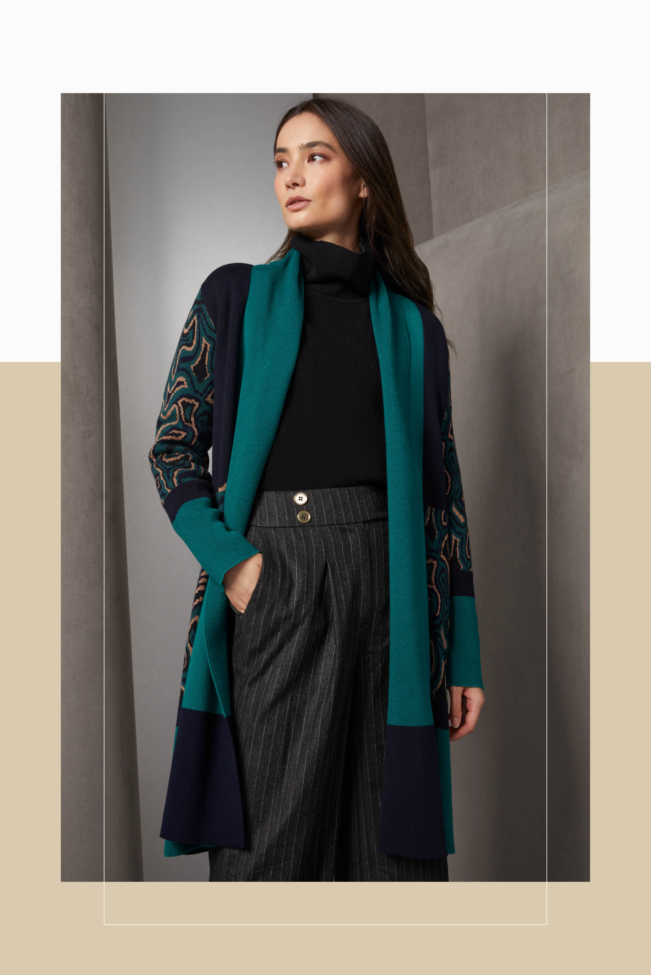 Wear this cashmere-softened long sweater jacket over skinny pull-on black leggings and a warm camel silk and cashmere shell. The coat sweater is a masterwork of solid and patterned colorblock.