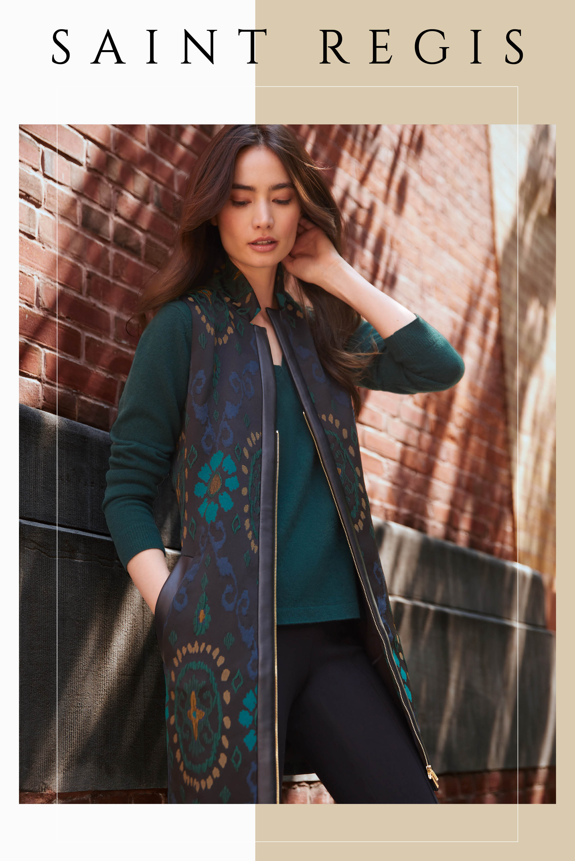 This posh Italian jacquard vest has an abstract floral pattern that resembles a priceless Turkish rug. The spruce green in the pattern is echoed by the feminine, all-cashmere V-neck sweater.