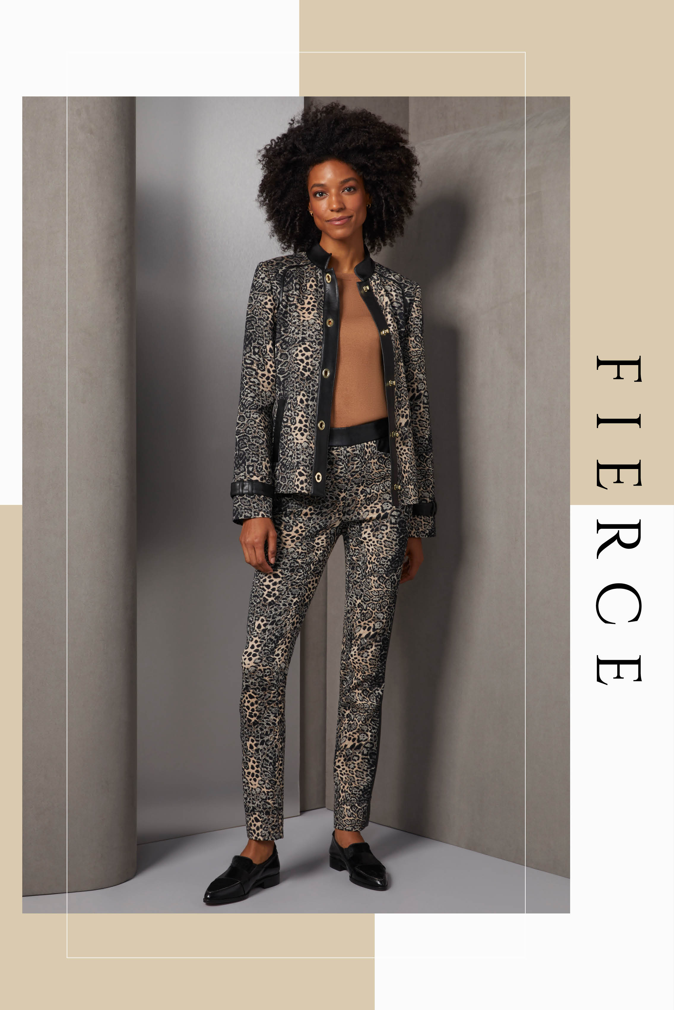 This suit is a luxe Italian jacquard in a snow leopard pattern, placed for dramatic effect in both the stand-collar jacket and the slim-leg ankle pants. Black faux-leather trim underscores the fine tailoring in both pieces. 
