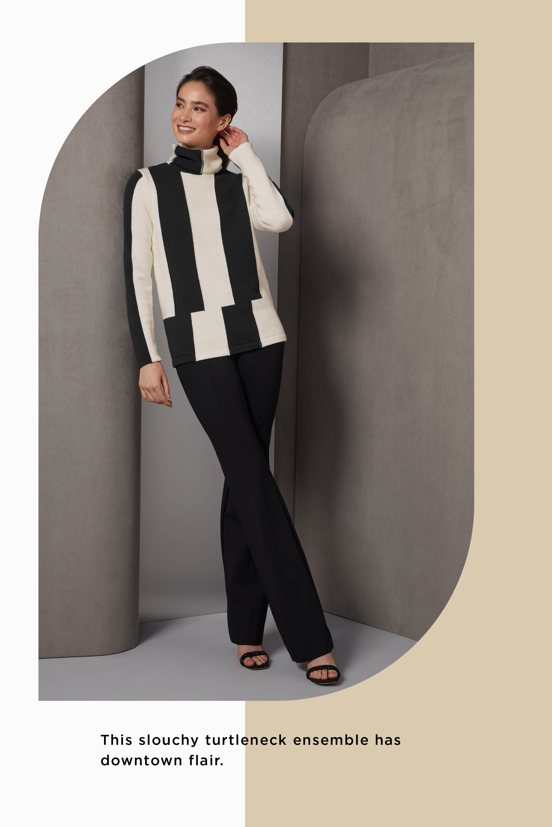 This slouchy turtleneck ensemble has downtown flair. The creamy tapioca and black organic cotton yarns in a chic staggered intarsia achieve an Op Art effect that dazzles the eye.