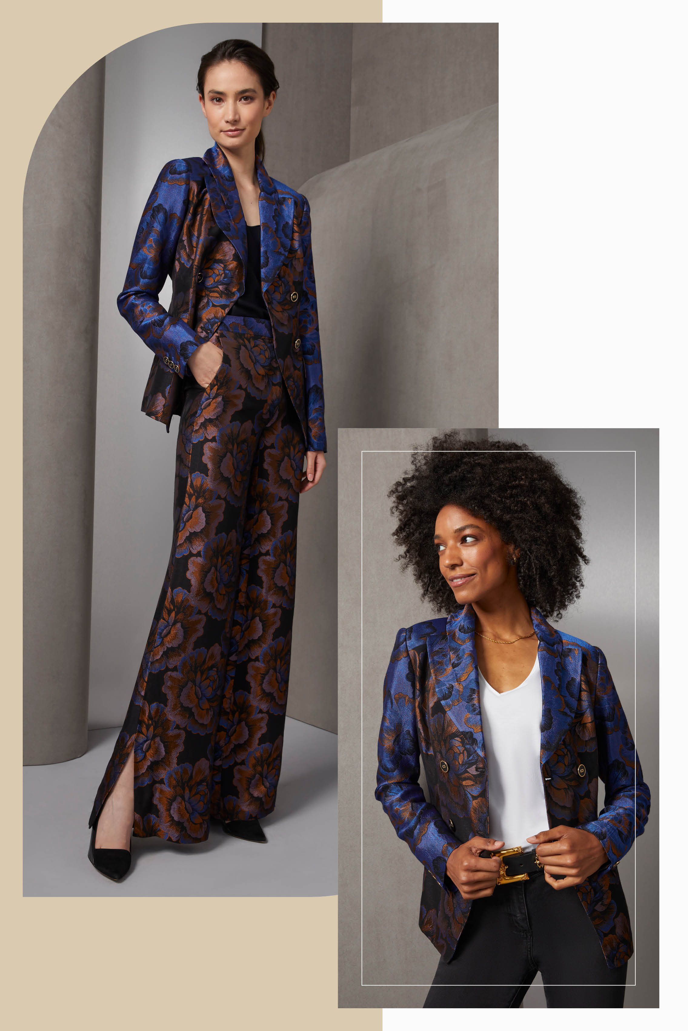 The most photogenic holiday suit is a double-breasted tuxedo in shimmering French jacquard in oversized camellia patterns.