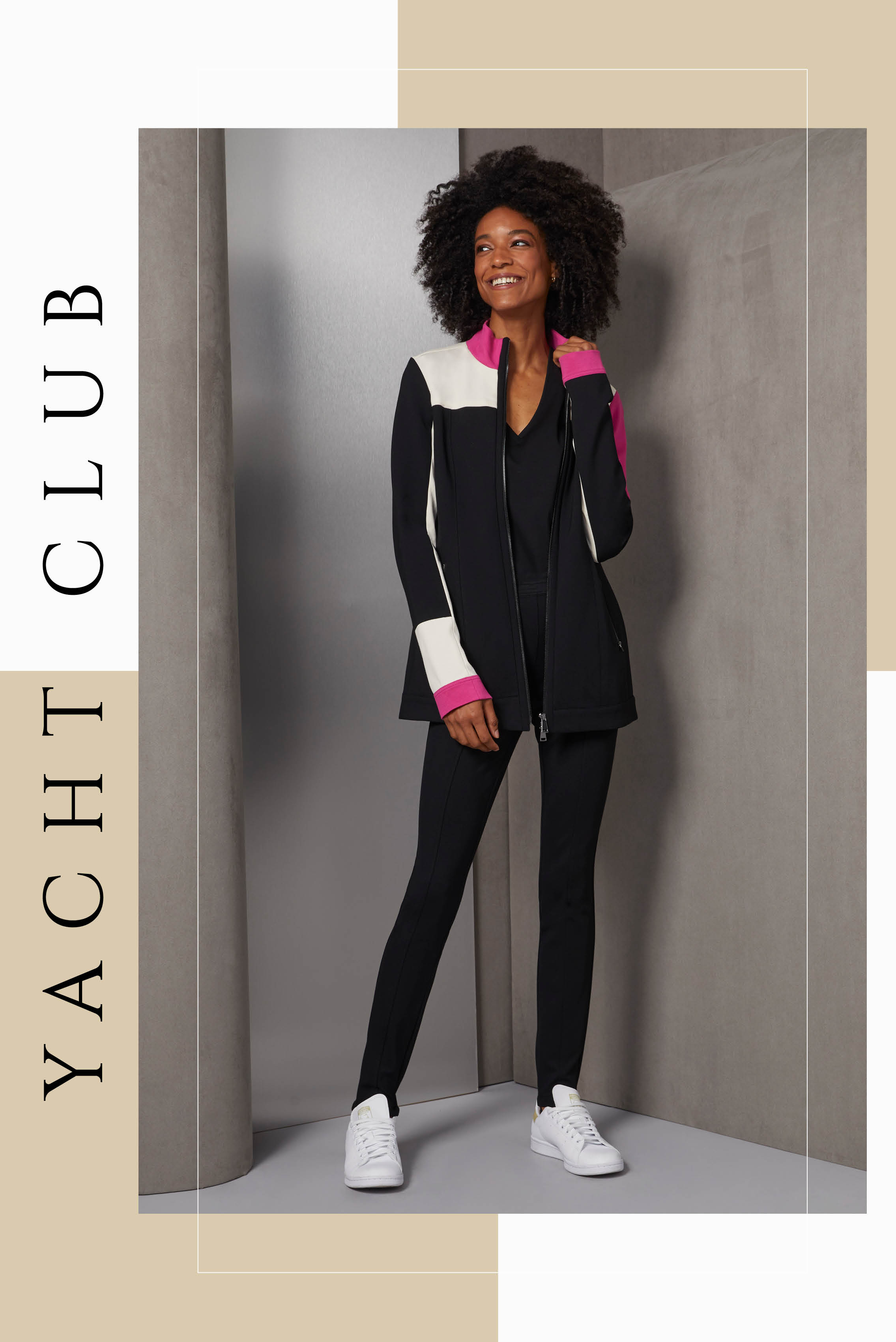 This posh, stretch ponte knit Athleisure suit showcases a jacket with a sophisticated asymmetrical colorblock that pops with very berry pink and tapioca white.