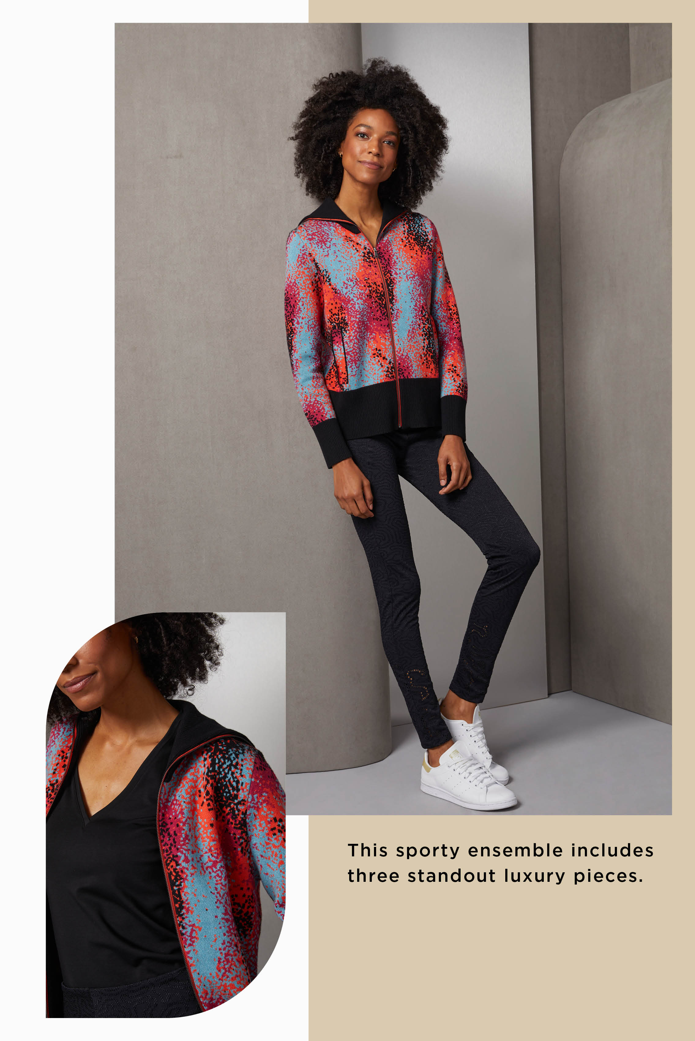 This sporty ensemble includes three standout luxury pieces. The bomber jacket is a birdseye knit jacquard with an airbrushed-look pattern of spicy orange, pink, aquamarine, and black.