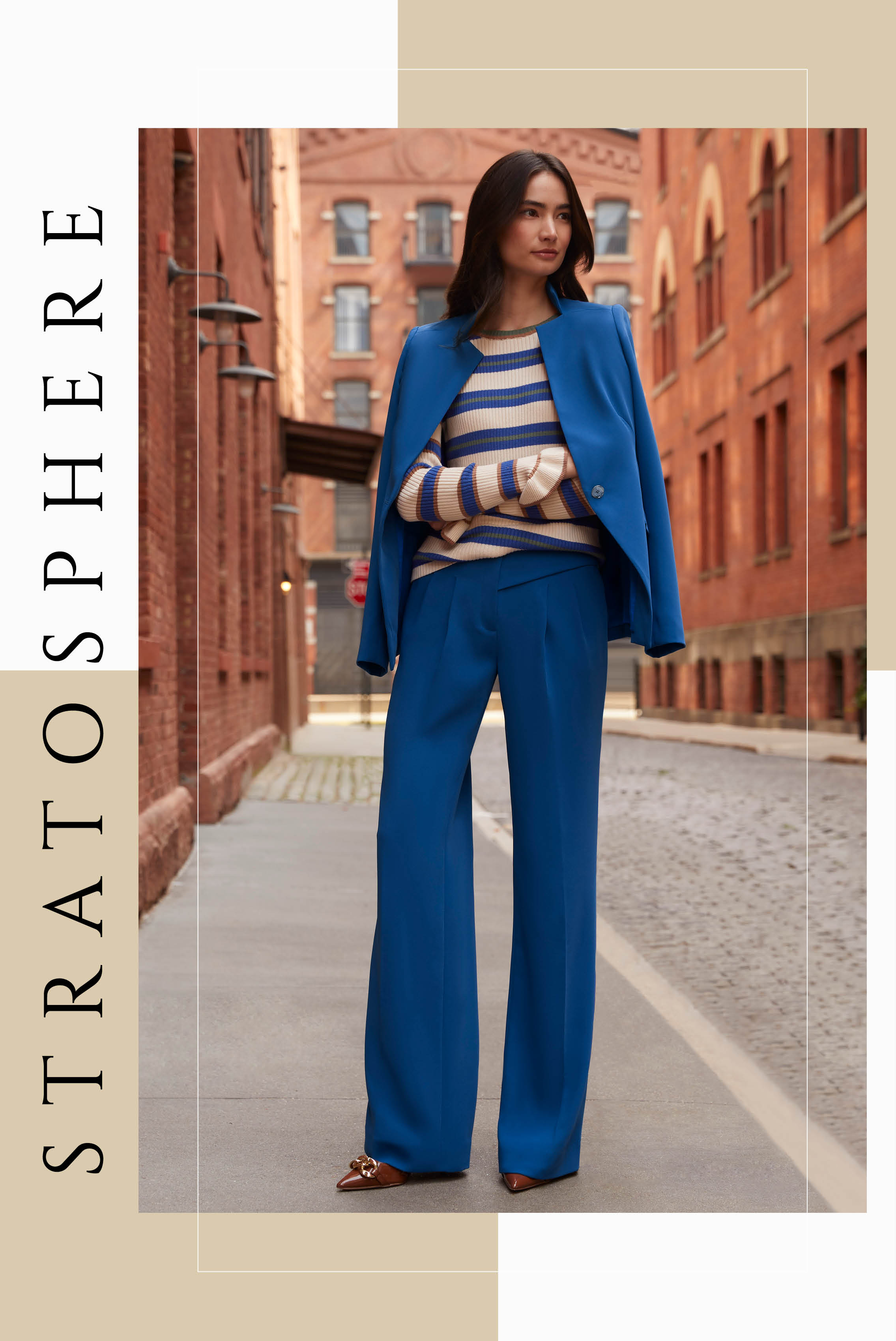 A modern take on luxury tailoring and a brighter new navy blue inform this stunning suit with unique architectural details. The blazer has notches in the place of lapels and shaping seams that become pocket flaps.