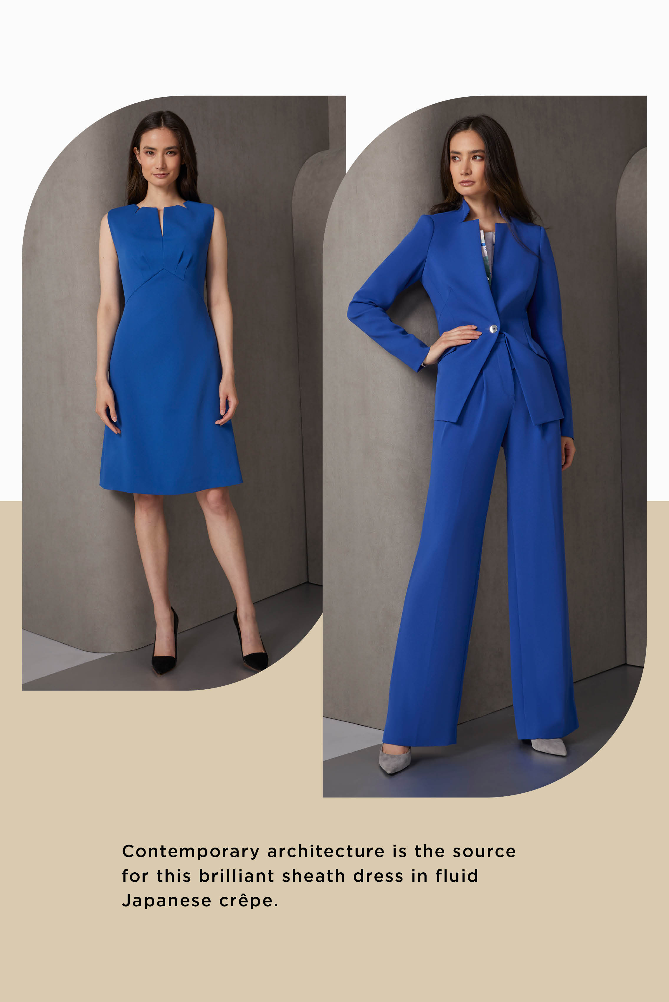 Contemporary architecture is the source for this brilliant sheath dress in fluid Japanese crêpe. Distinctive notches create standout elegance at the boat neck. Pleats at the bodice afford an attractive, comfortable fit.