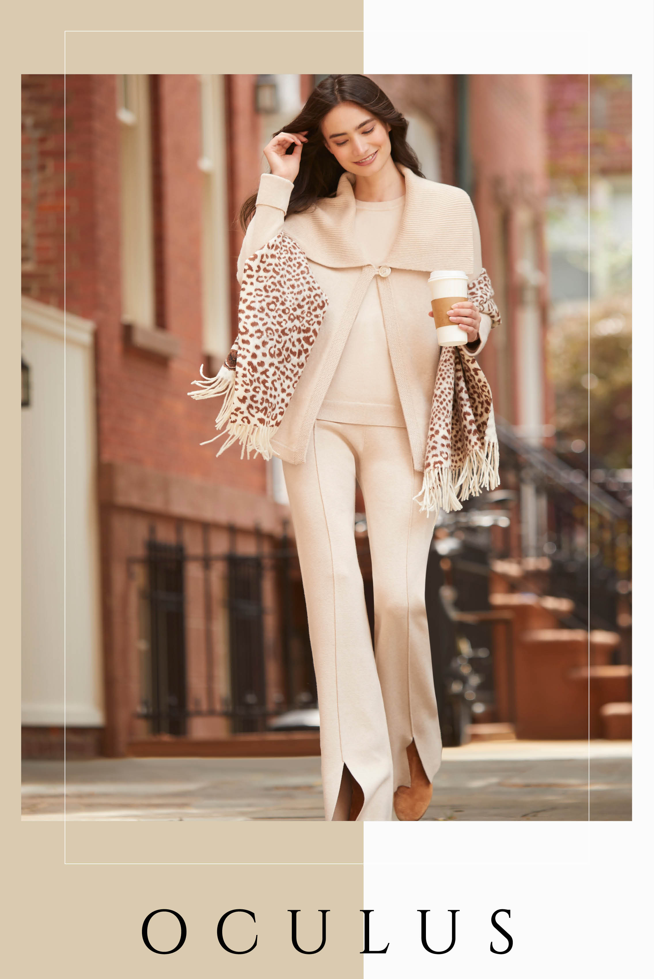 Lighten the mood with luxury knitwear in creamy winter white. All three pieces: the wing-collar cardigan, pullover, and pull-on, wide-leg ankle pants are energized with fine zig-zag rib trims.