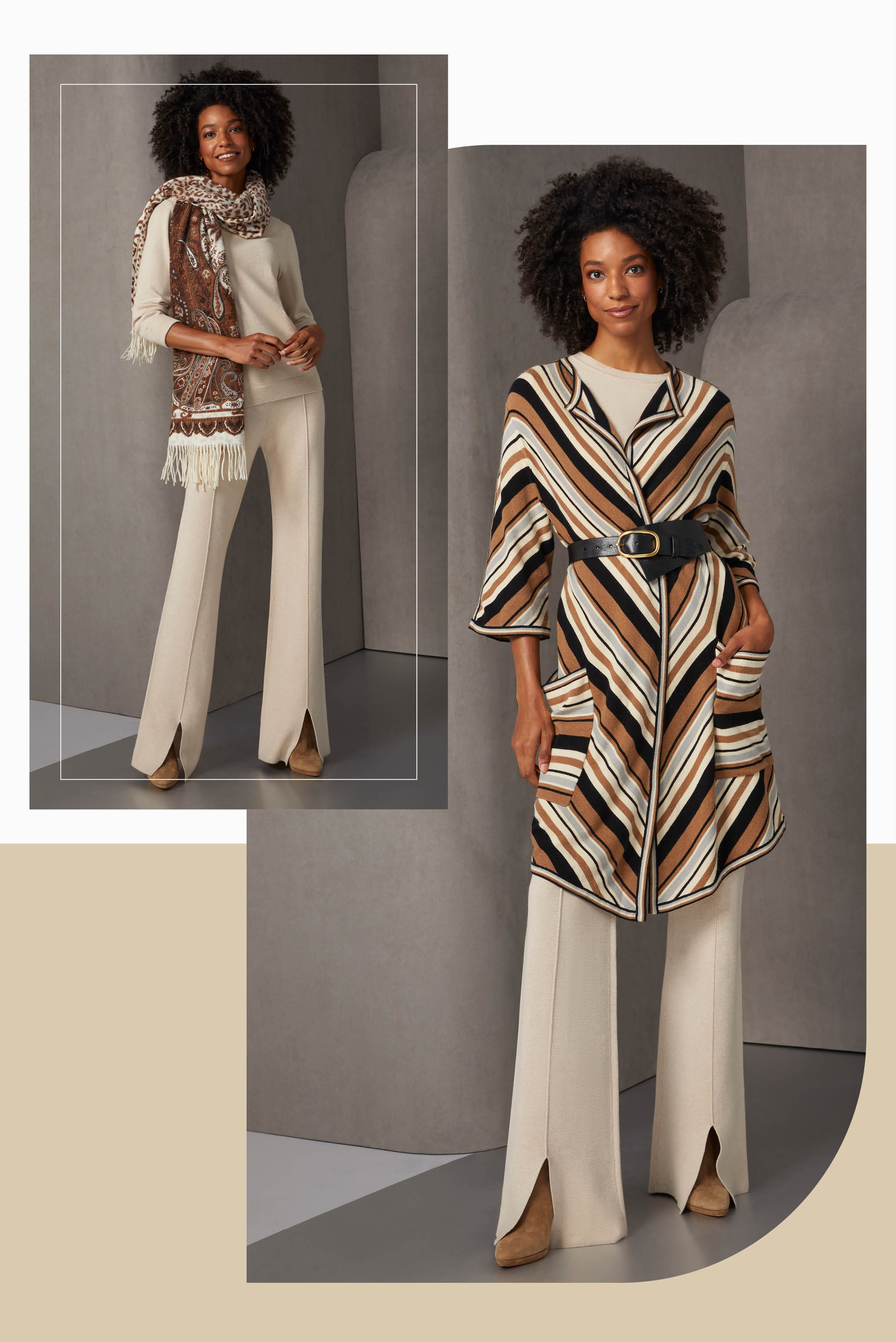 Brighten the winter mood with deluxe knits in creamy tapioca. The 3/4 sleeve jersey knit pullover and pull-on ankle pants are accented with subtle zig-zag ribs at the cuffs and waistband.