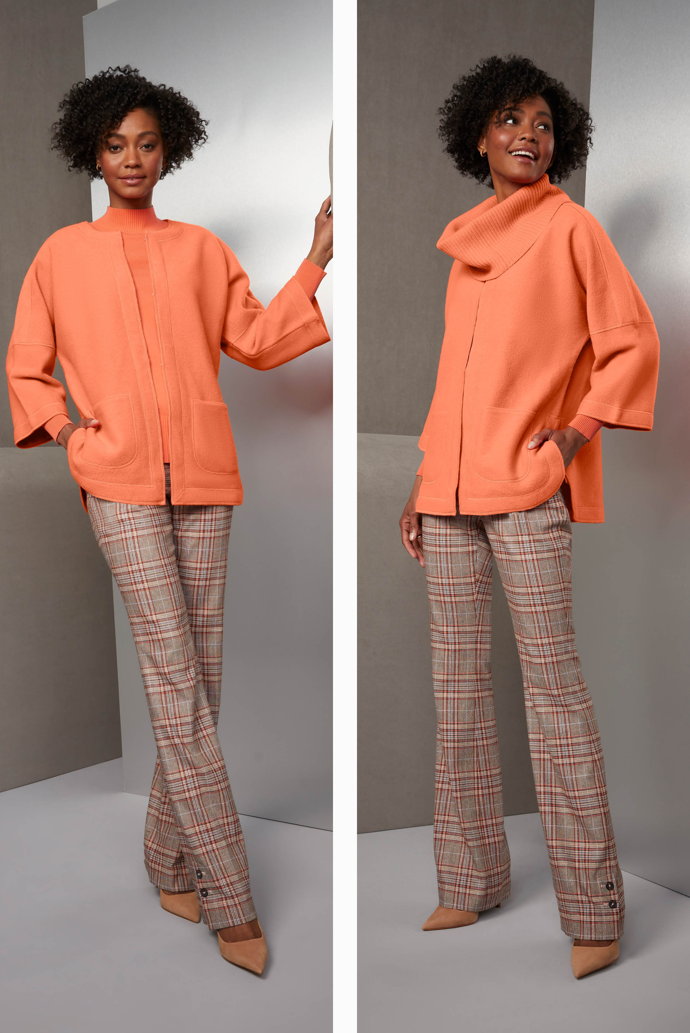 Create a luxury look with bold style in a vibrant apricot color palette. Start with a luxurious Suvin cotton mock turtleneck that provides both comfort and texture.