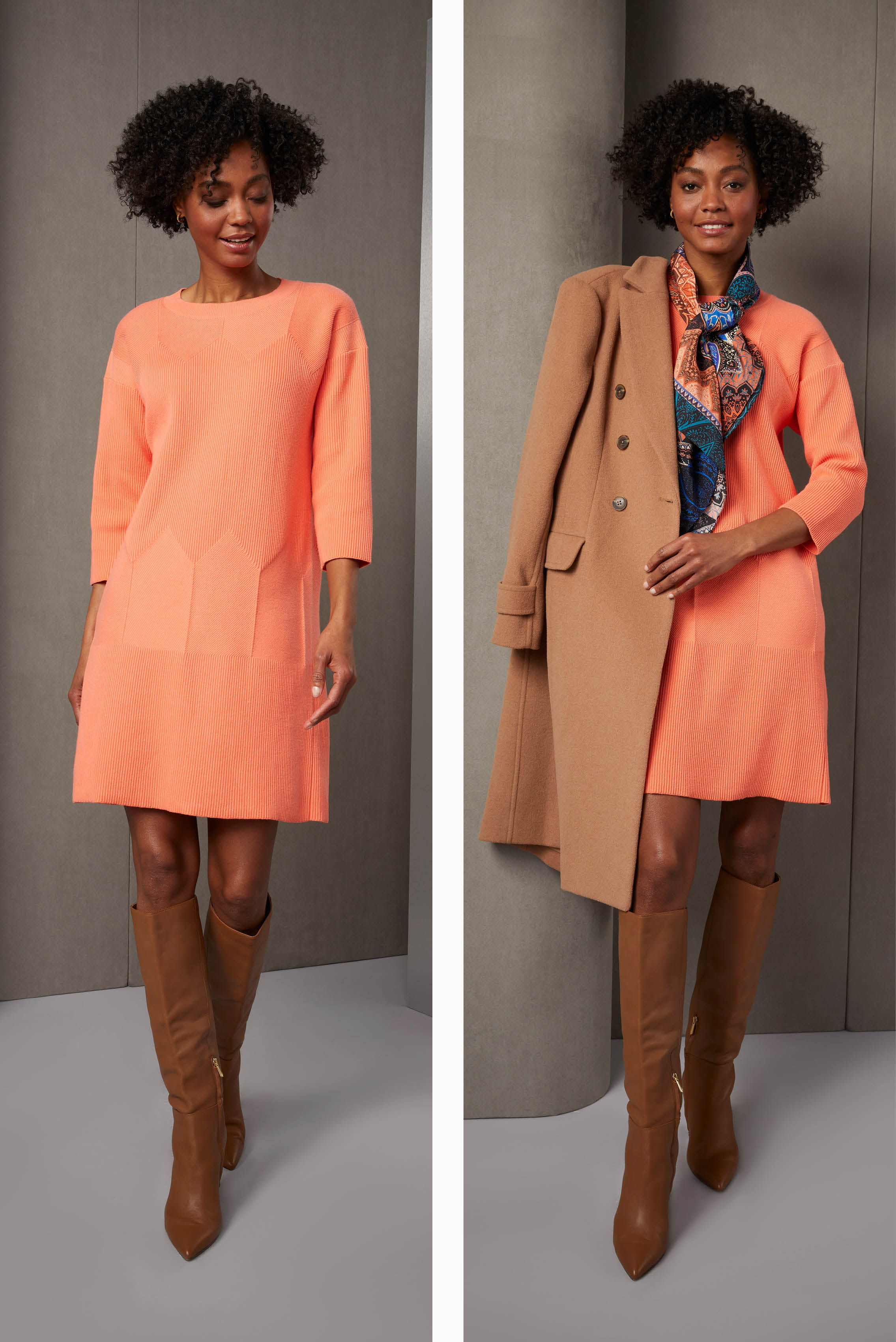 Experience the epitome of comfort with an easy fitting, cashmere-softened cotton knit dress, energized with an Ottoman rib texture. Its rich apricot color is echoed by the romantic scarf in a Moroccan paisley print of ten rich colors.