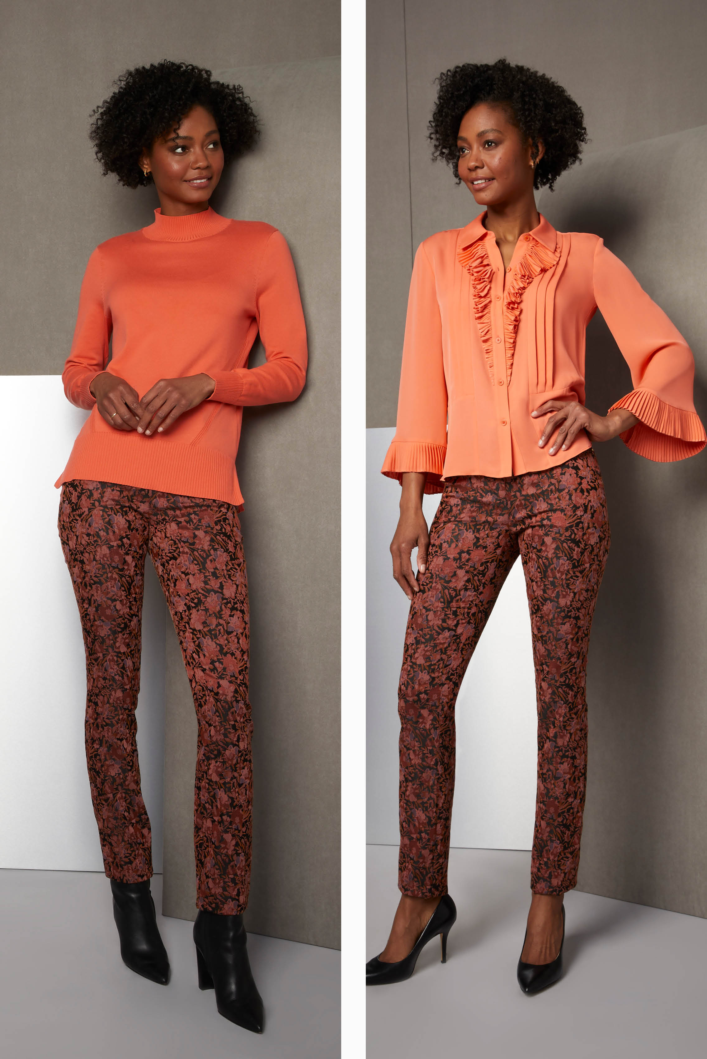 Apricots and roses add a romantic narrative to fall dressing. The pairing of a bold apricot Suvin cotton sweater with French floral jacquard jeans creates a captivating and fashion-forward outfit.