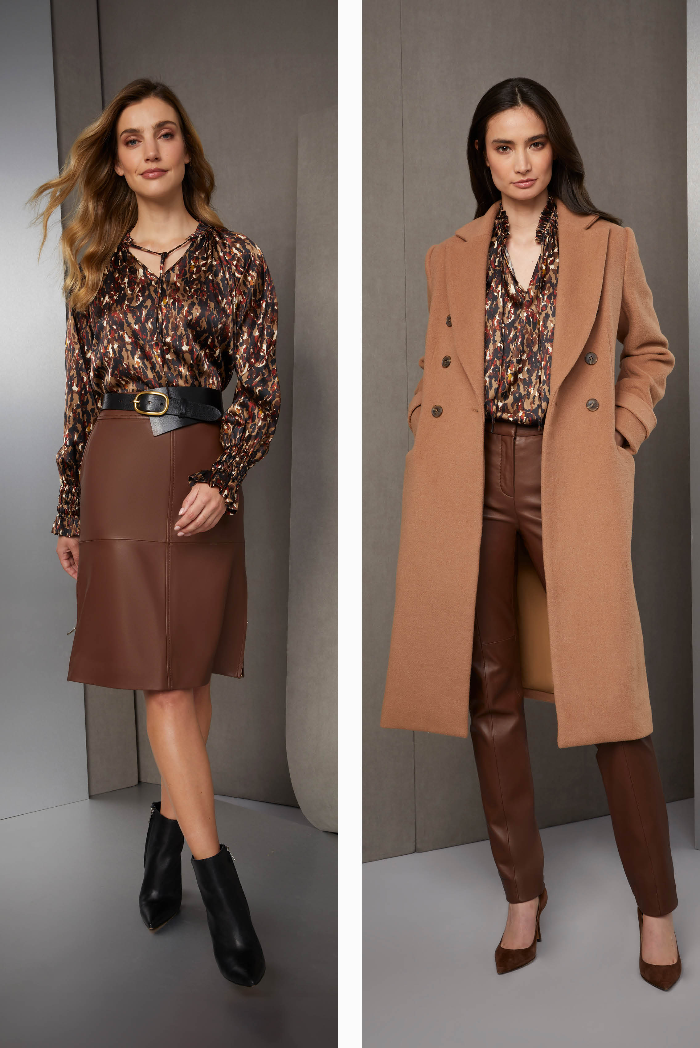 Proclaim a balance of femininity and attitude with a fine pairing of a silk peasant blouse in an abstract animal print with an A-line leather skirt in deep caramel, featuring gold side zippers.