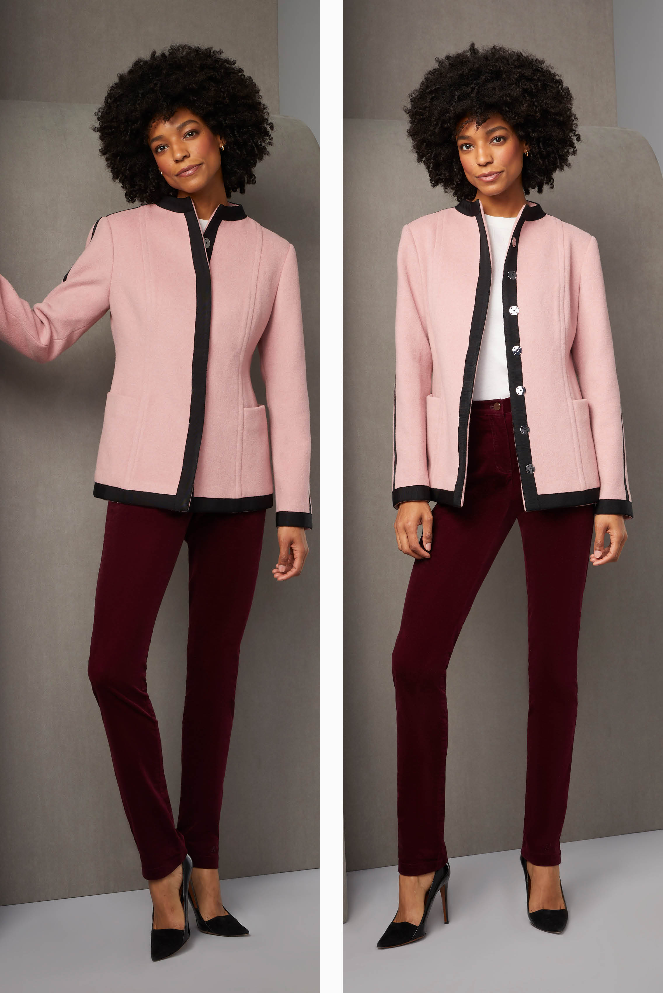 Break new ground with color and texture. This wool-blend jacket in soft heliotrope pink is trimmed in black ribbon. The ribbon flows nicely into the Spanish velvet pants in a dark cabernet red of a similar value.