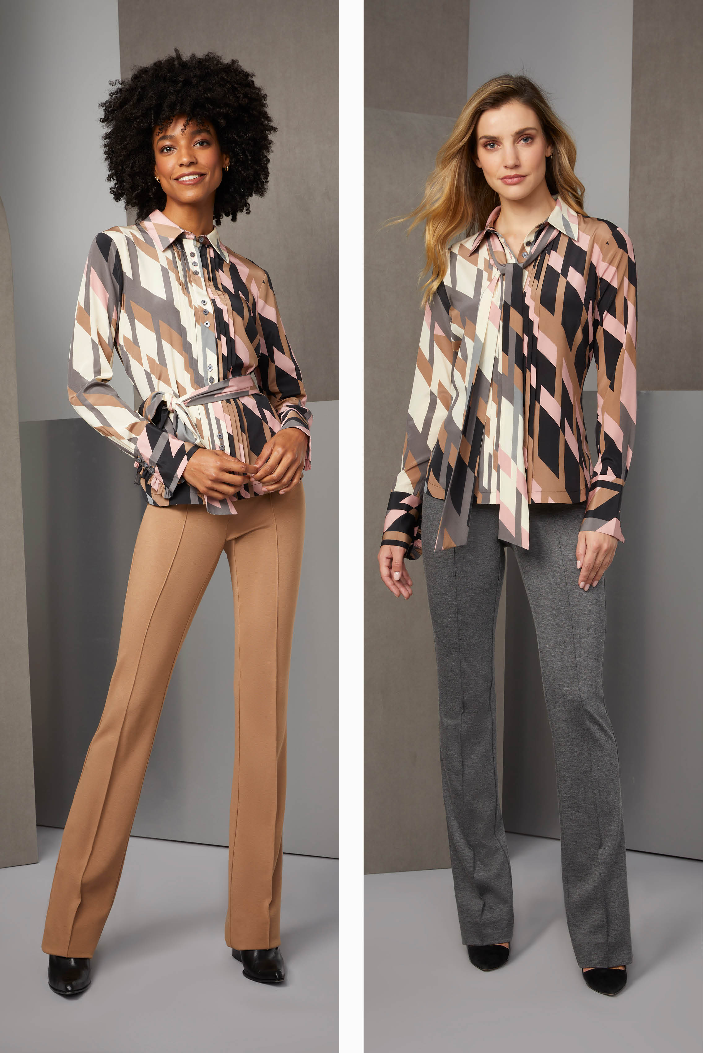 This look highlights a harmonious palette of warm camel shades, epitomizing versatility with impeccable taste. The architectural print silk blouse adds a touch of artistic flair, with its camel-toned abstraction.