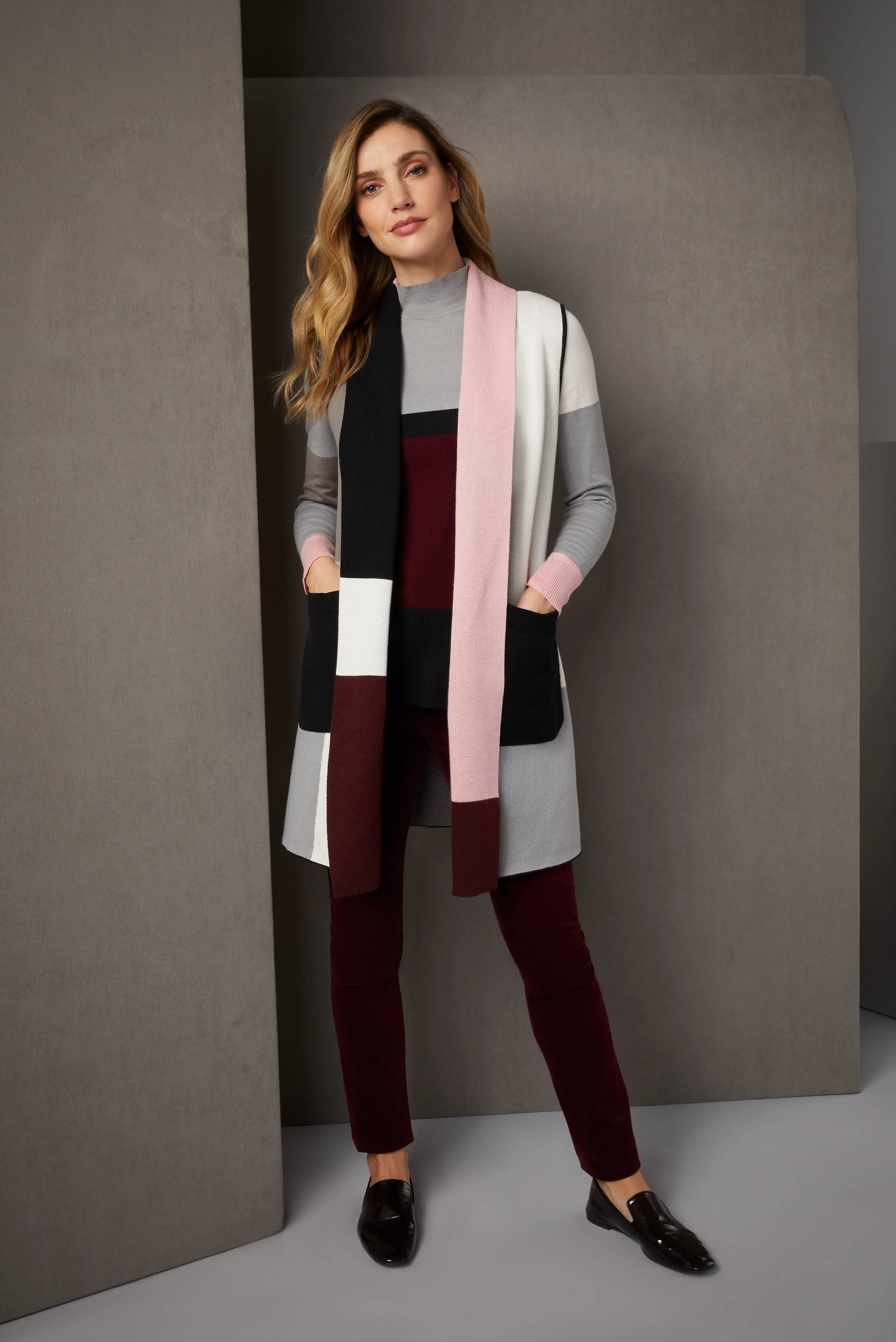 The modernist Dutch De Stijl painting movement inspired the complex geometries of this intarsia-knit pullover and vest. The dynamism of the patterns provides an endless feast for the eyes. The silk-enriched cotton is a pleasure to wear.