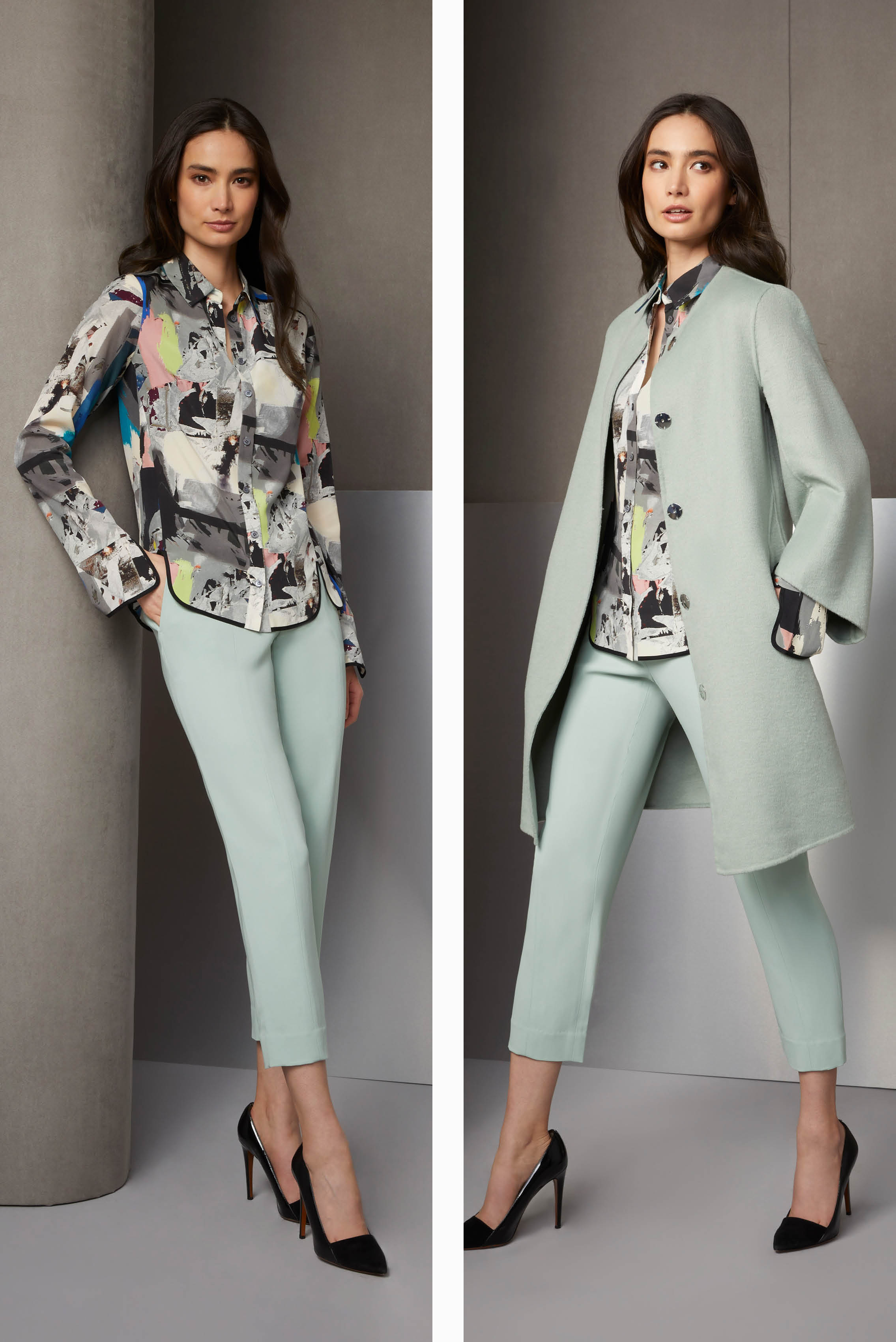 This stretch silk blouse with black silk binding is inspired by the abstract art of New York painter, Willem de Kooning. It contains peridot green that coordinates with the Portuguese stretch double weave cropped pants in laurel green.