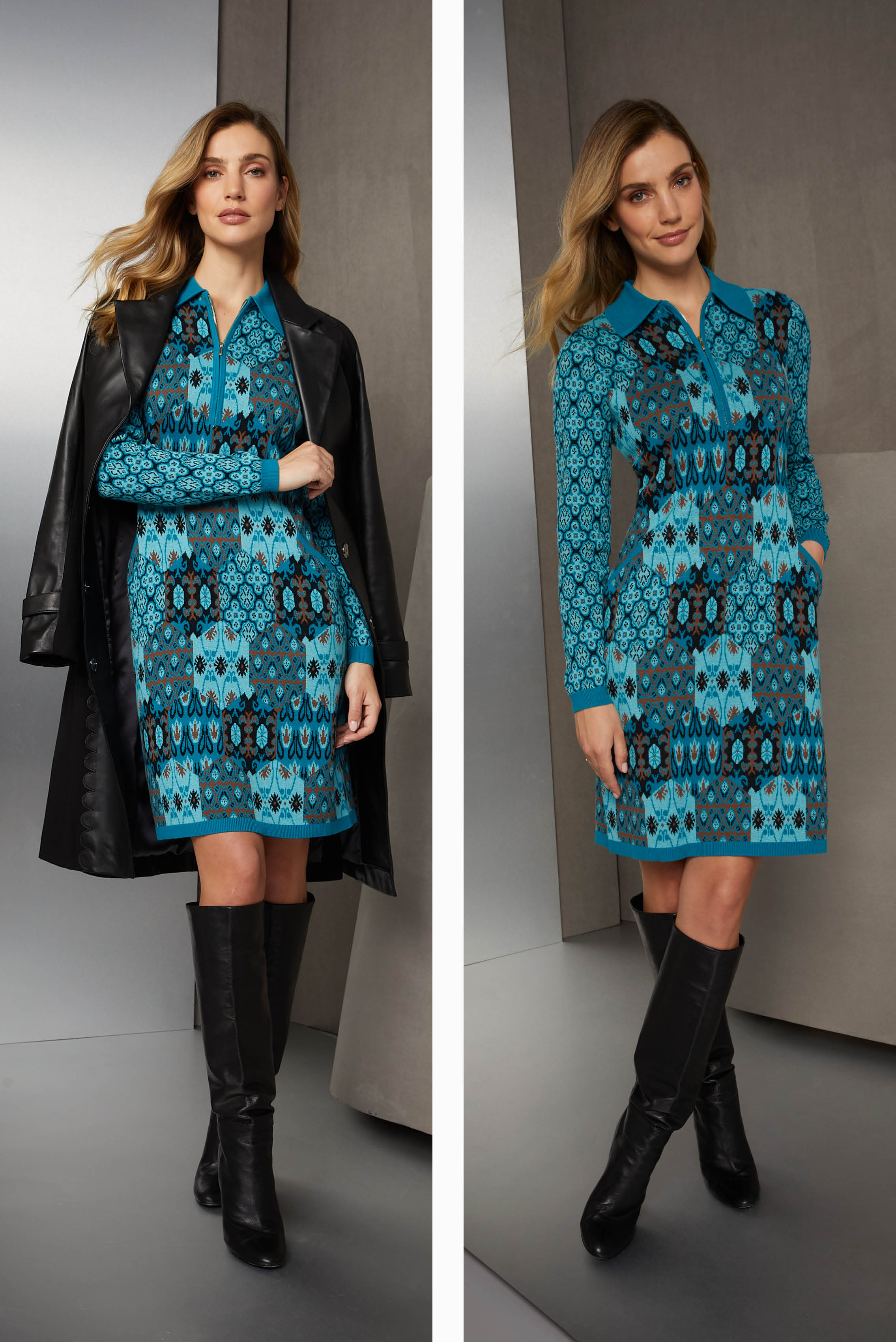 Enjoy intricate patterns in a cashmere-softened cotton knit dress. The posh Minton tiles of Central Park inspired this mixed jacquard look. The body has four distinct hexagonal tile patterns.