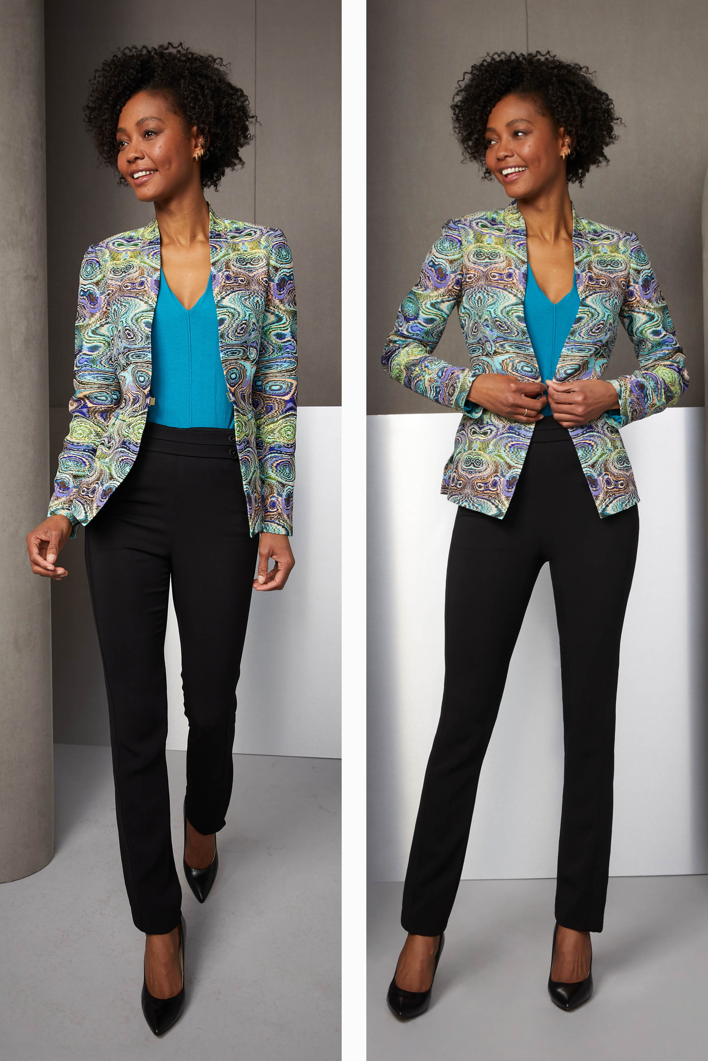 This French metallic jacquard jacket captures the romance of a precious geode in a symmetrical display of eight saturated shades. One of the colors is azulite, a rare gemstone, which is also found in this sweater shell of pure cashmere.