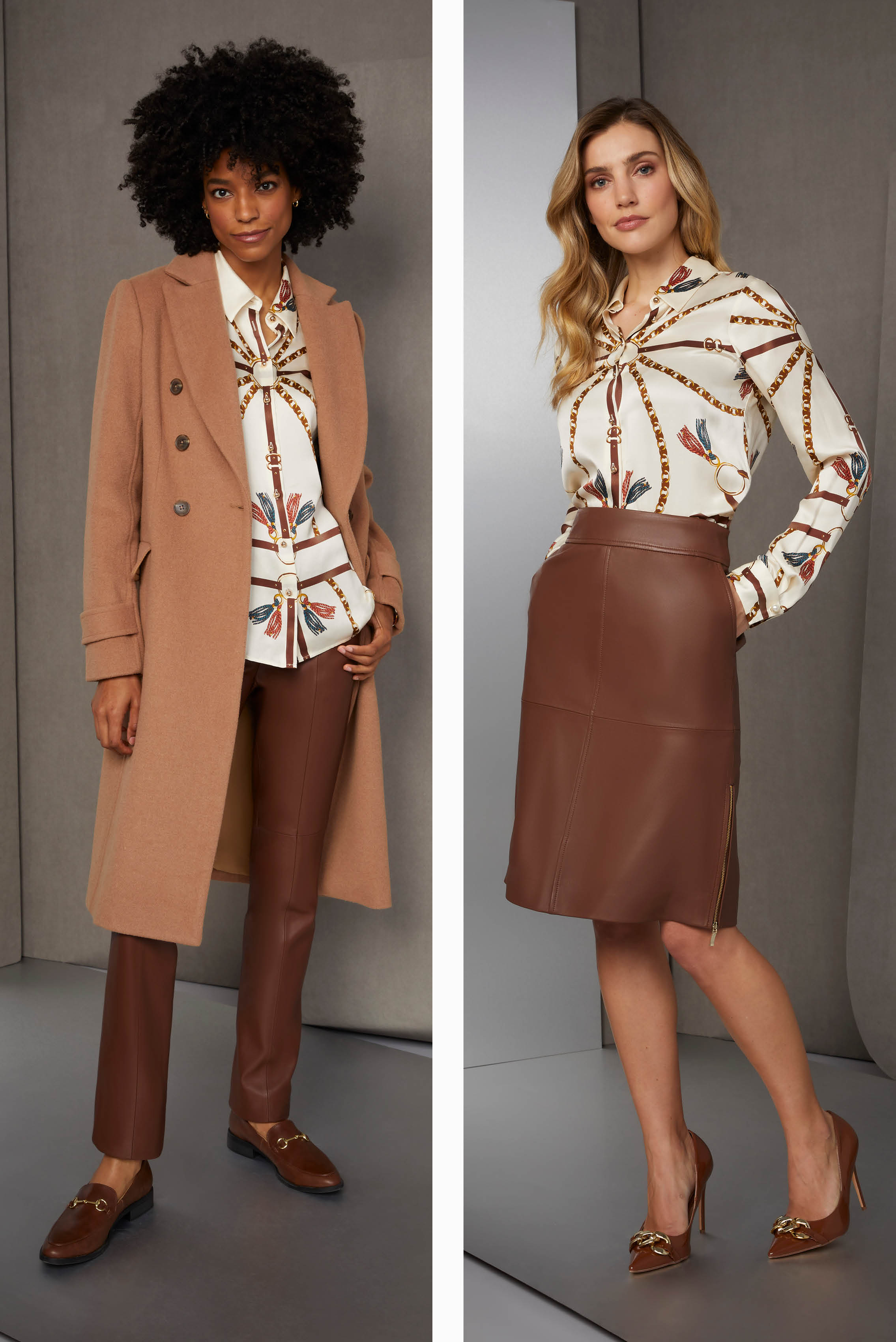 This enchanting outfit merges a luxurious ivory satin equestrian print blouse, featuring festive chains and tassels, with a warm camel wool coat that complements the color palette of the print.