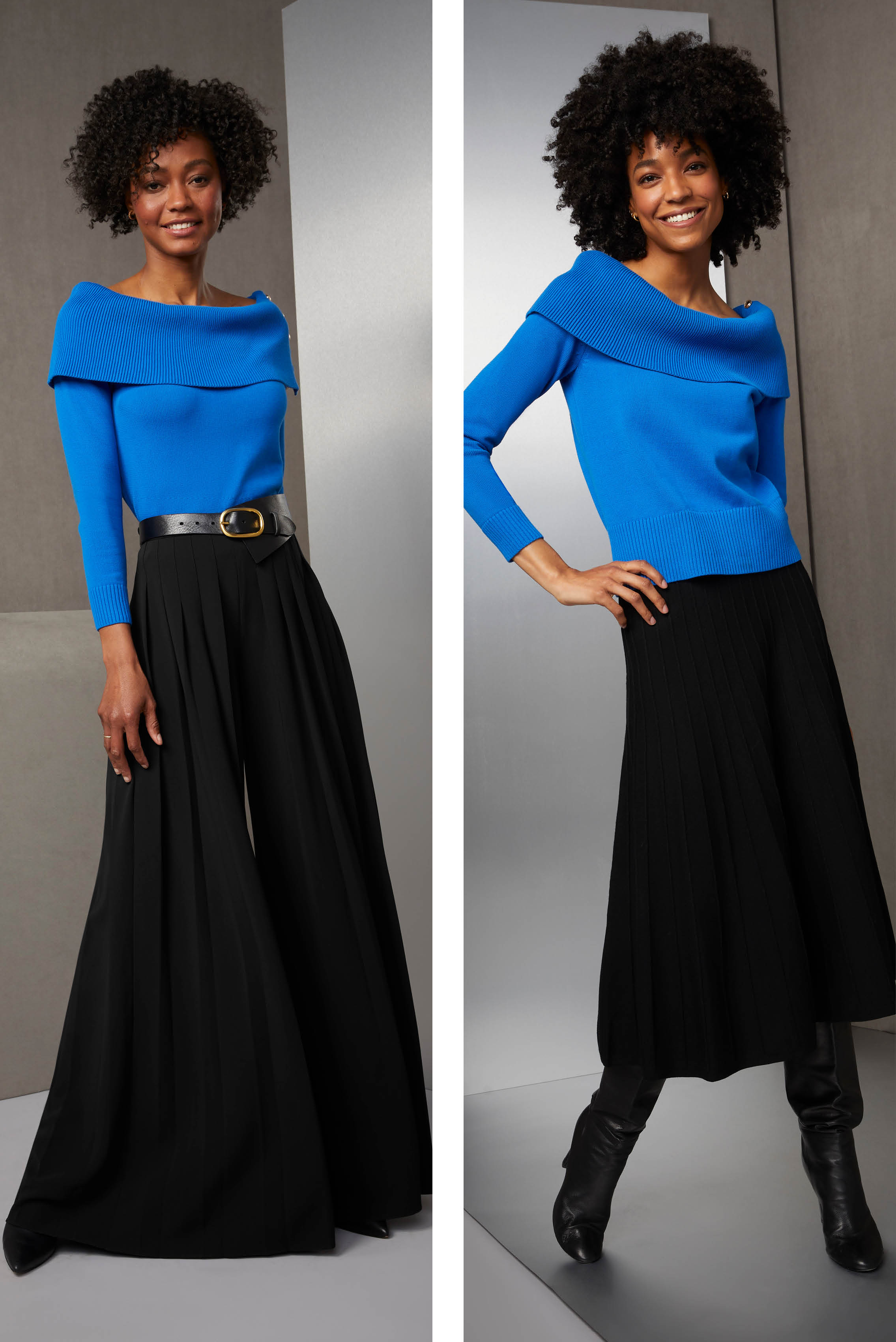 Indulge in the trend for dramatic upscaling. This electric blue cotton sweater can be styled with the oversized cowl neck pulled down to the shoulders or on top as a loose funnel.