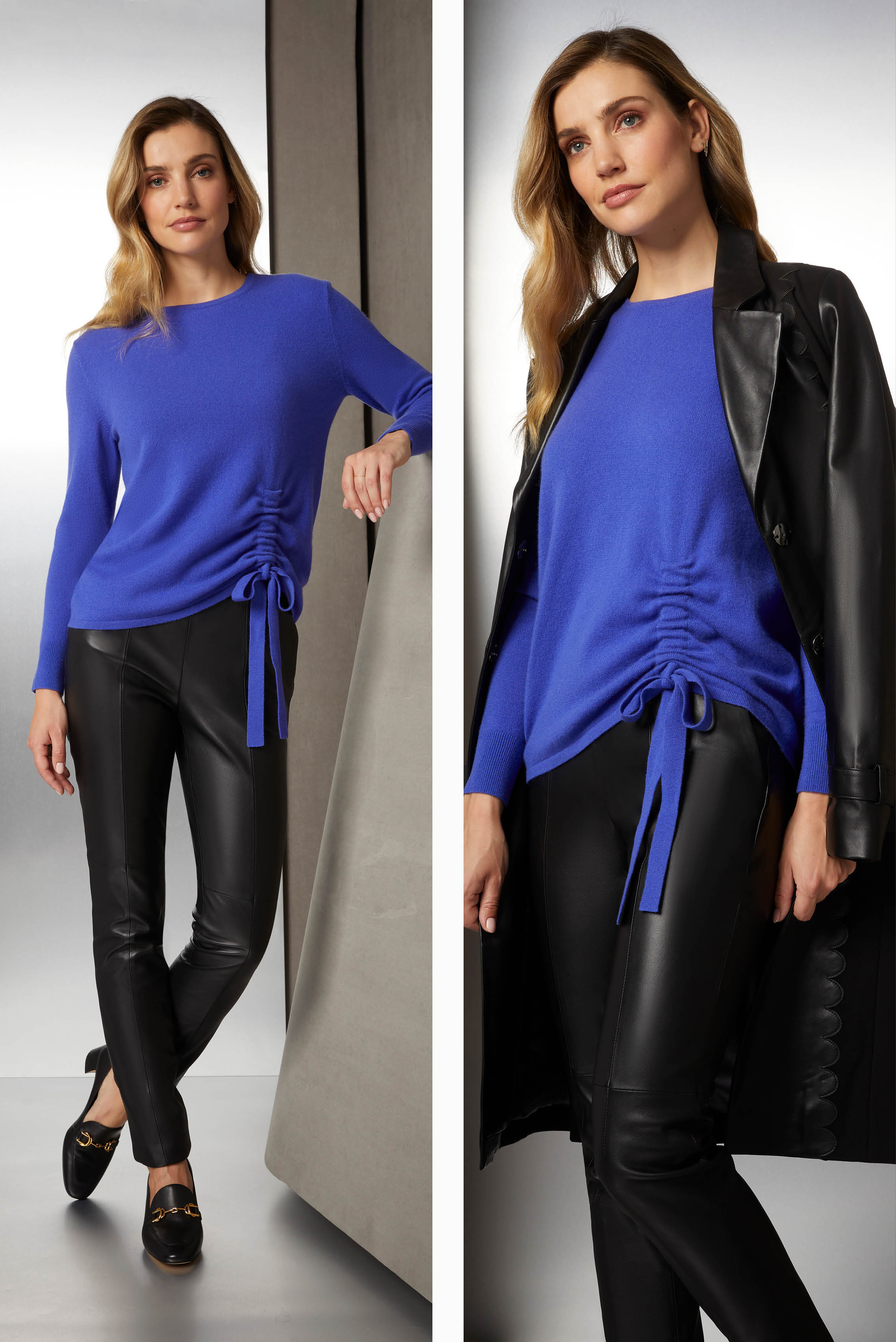 Gleaming ultraviolet makes the world’s finest cashmere sweater a greater treasure. So does the self full-needle strap tie that adjusts the front shirring and ends with a feminine bow flourish.