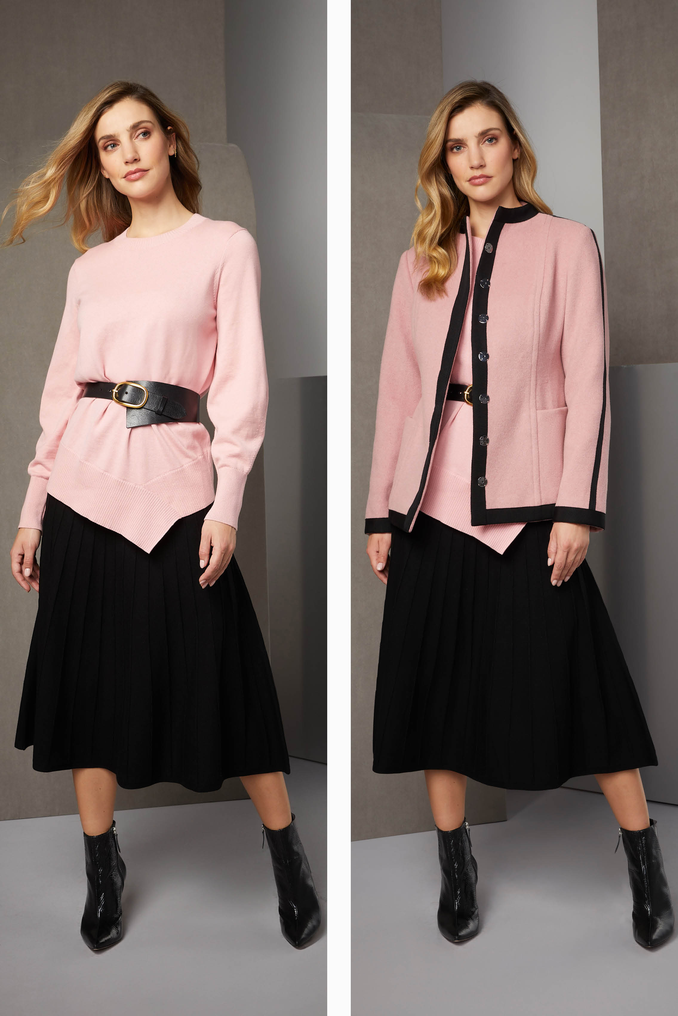 Pink and black are fabulously retro. The pink wool-blend jacket has black ribbon trim that resonates with the black Italian leather belt and the expanding pleats of the knit skirt.