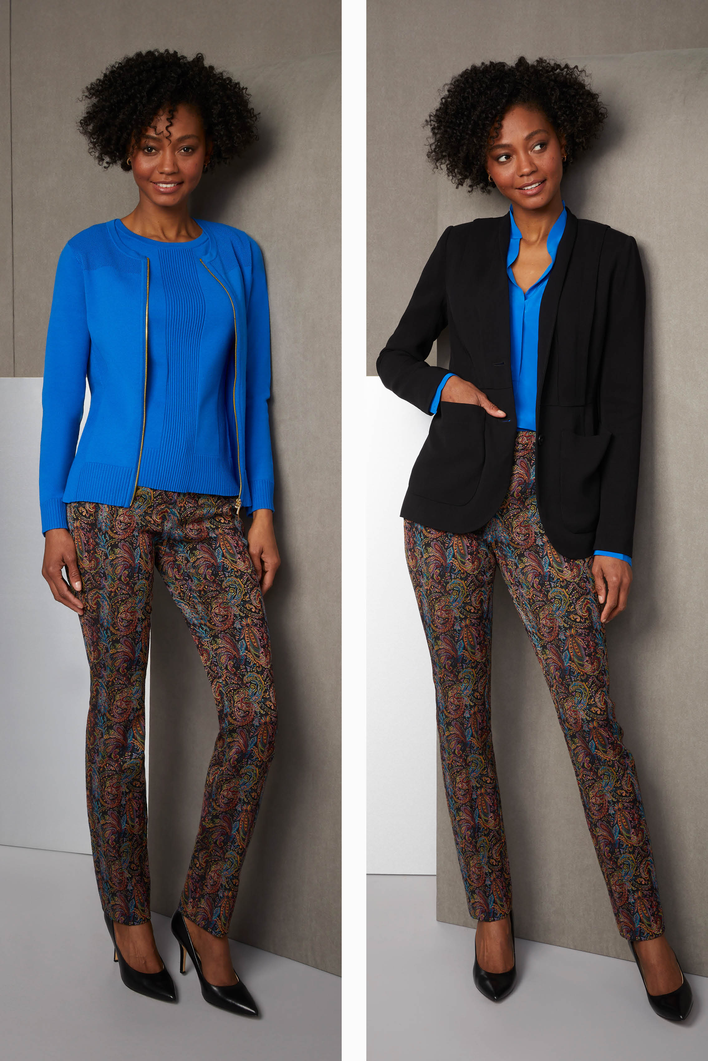 Electric blue unites this chic trio. The knit twinset cardi and shell are regimented with the textures of pointelle mesh and ribs. The seven-color Italian jacquard trousers are an unbridled swirl of stylized flowers and paisley motifs.