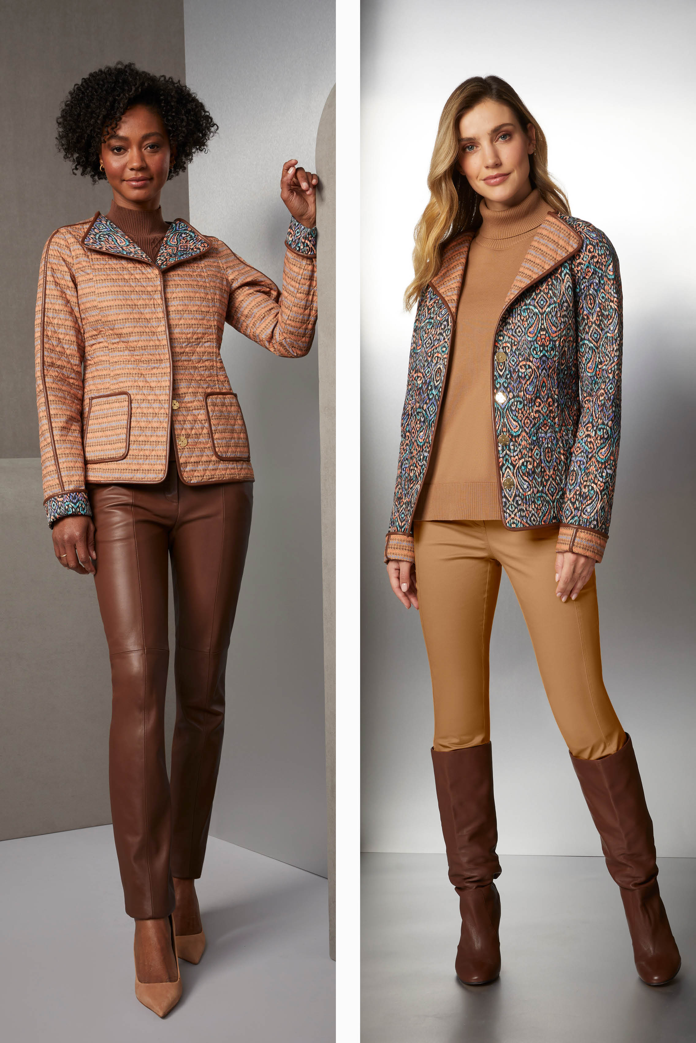 Step into autumn with a memorable outfit that blends the richness of deluxe caramel leather and the comfort of organic Suvin cotton. The centerpiece is a reversible pongee barn jacket, featuring mosaic paisley and houndstooth prints.