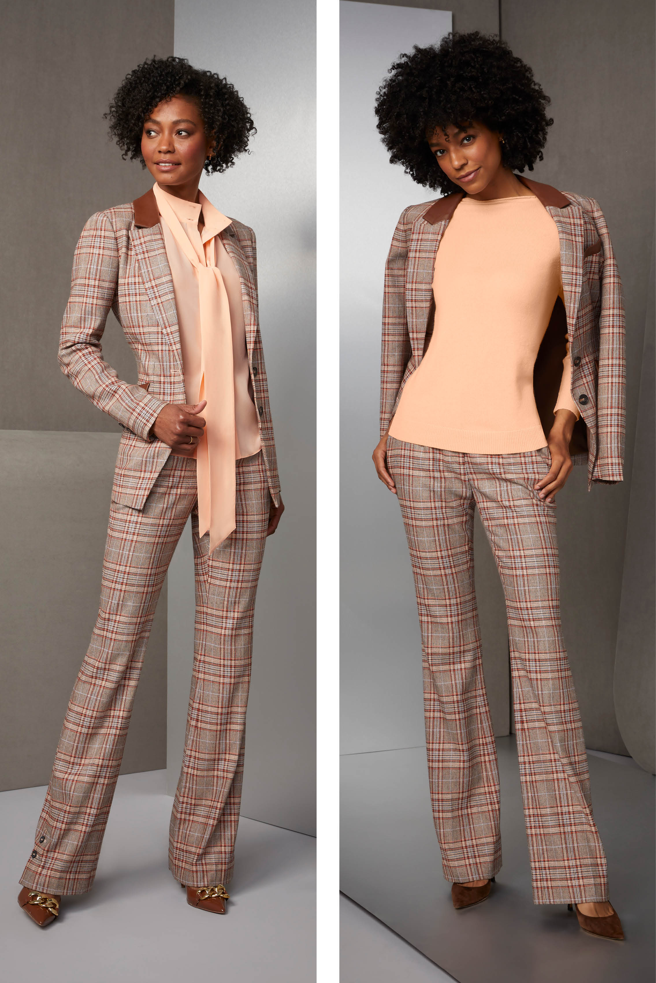 Atelier tailoring meets luxury fabrics. This sporty Italian plaid riding jacket and trousers has four soft shades. The jacket is trimmed in chocolate torte faux leather. Pair it with a shirred cashmere sweater in bright peach.