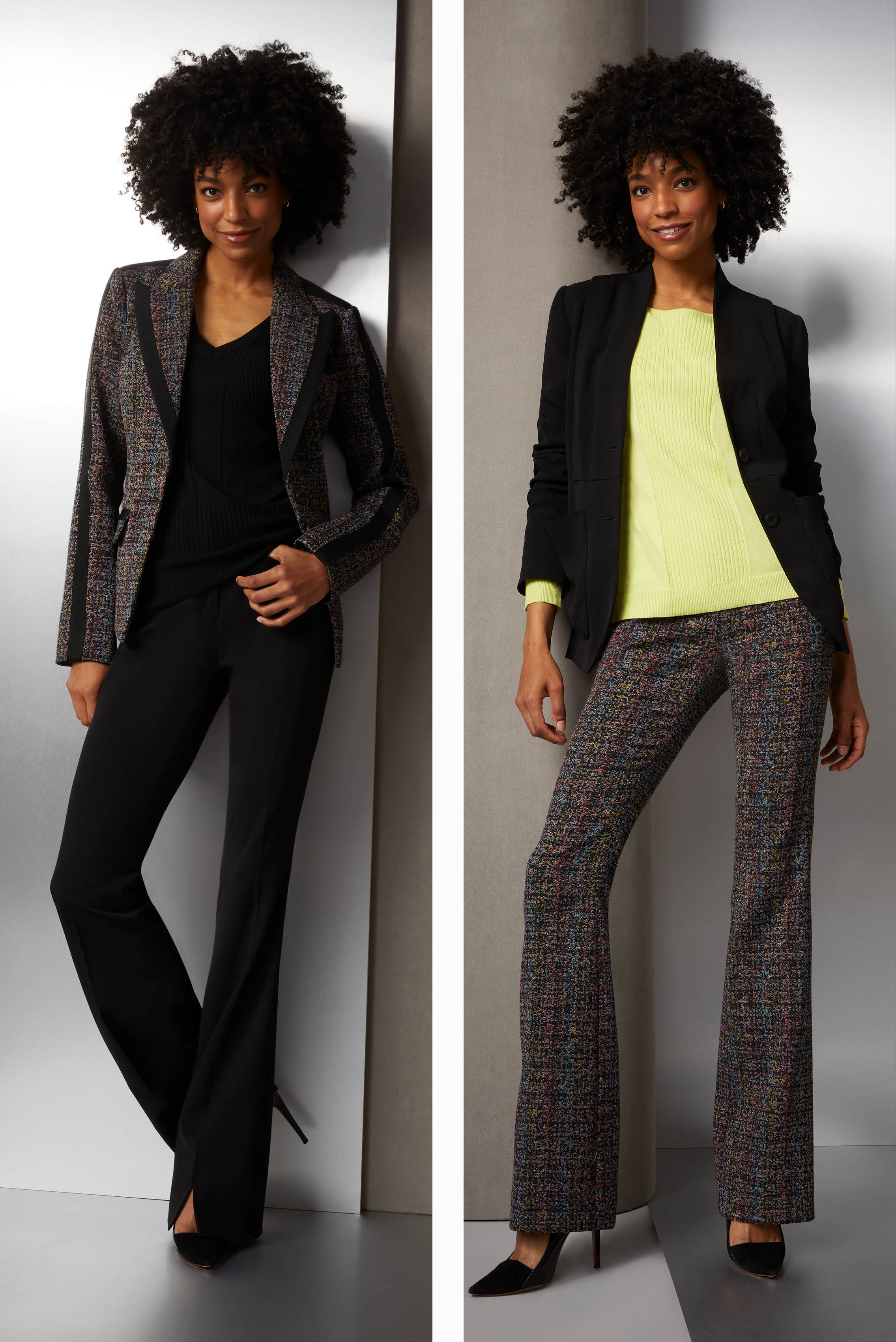 Proximity to solid black pieces makes a precious Italian tweed in eight colors seem even more vibrant. The tweed jacket has accent framing in black grosgrain ribbon. The cashmere knit V-neck shell has angled traveling ribs.