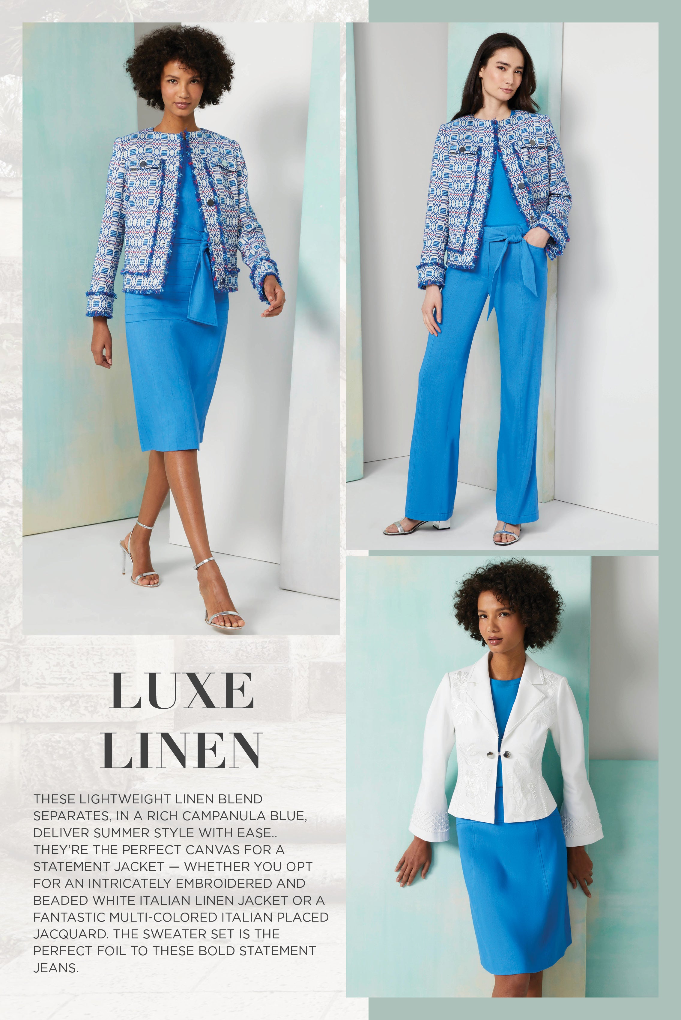 Photo of a model wearing the Tanager dress, Tanager pants and Tanager skirt, which is a Italian stretch linen twill dress, pants and skirt. Also Alba jacket, a Italian jacquard swing jacket.
