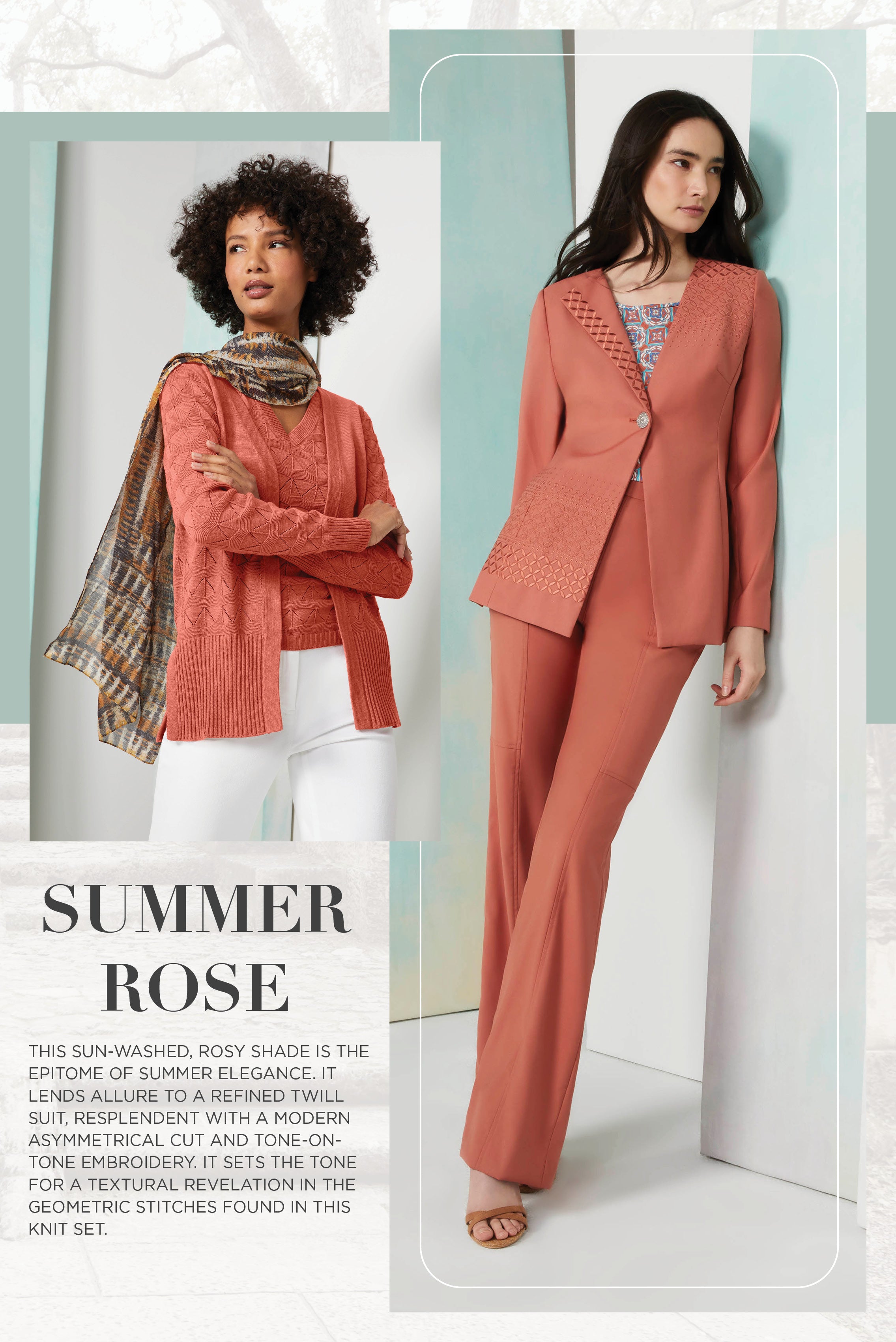 Photo of a model wearing the Turron cardio and shell, a Silk-Enriched Cardigan and knit shell.  Photo of a model wearing the Patio jacket and pants set, a asymmetrical embroidered twill jacket and a airy wide-leg twill pants.