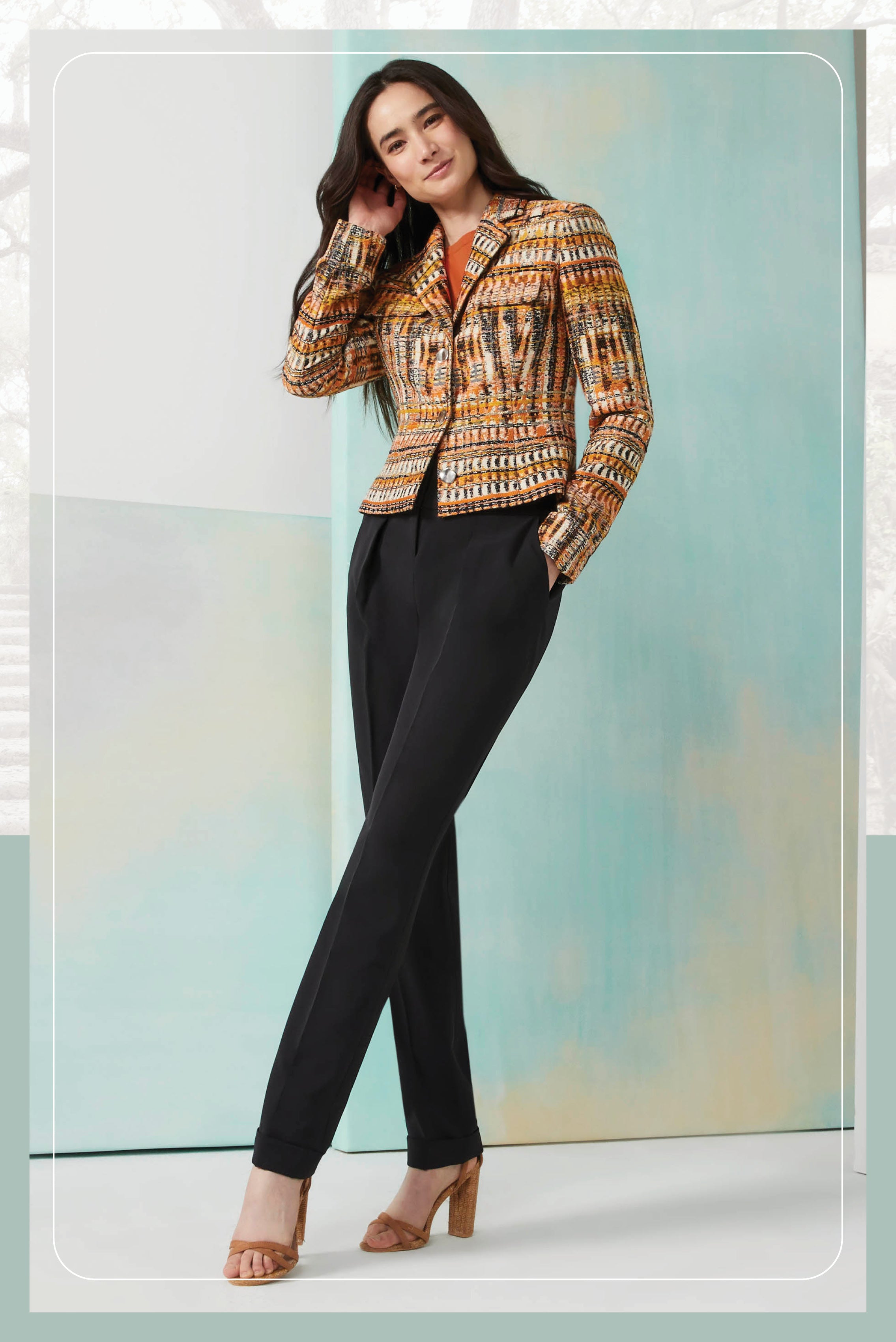 Photo of a model wearing the Letizia jacket, metallic French jacquard jacket.