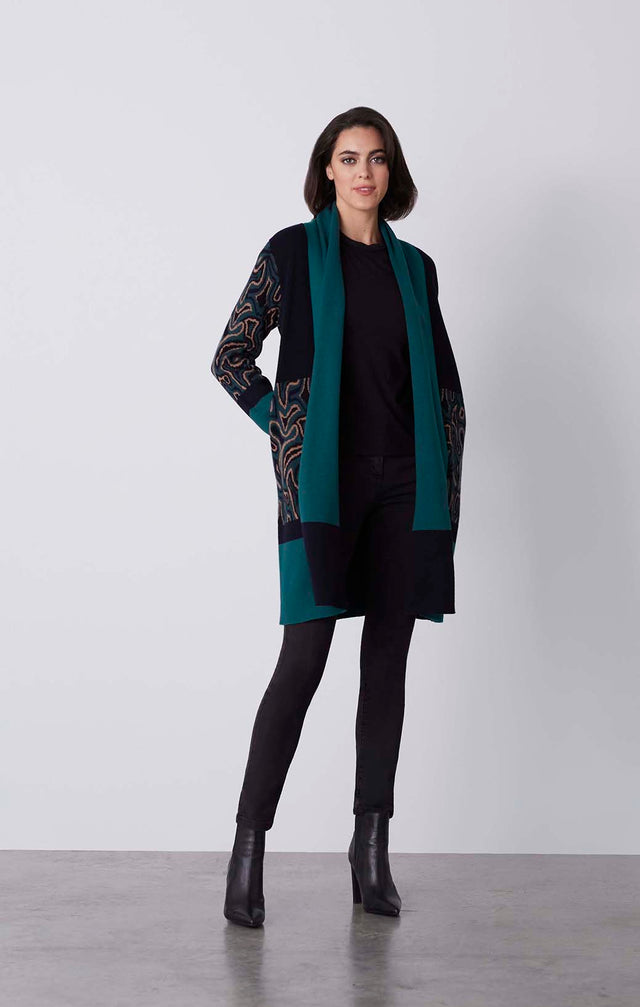 Gentility - Colorblock Sweater Coat With Geometric Jacquard - On Model