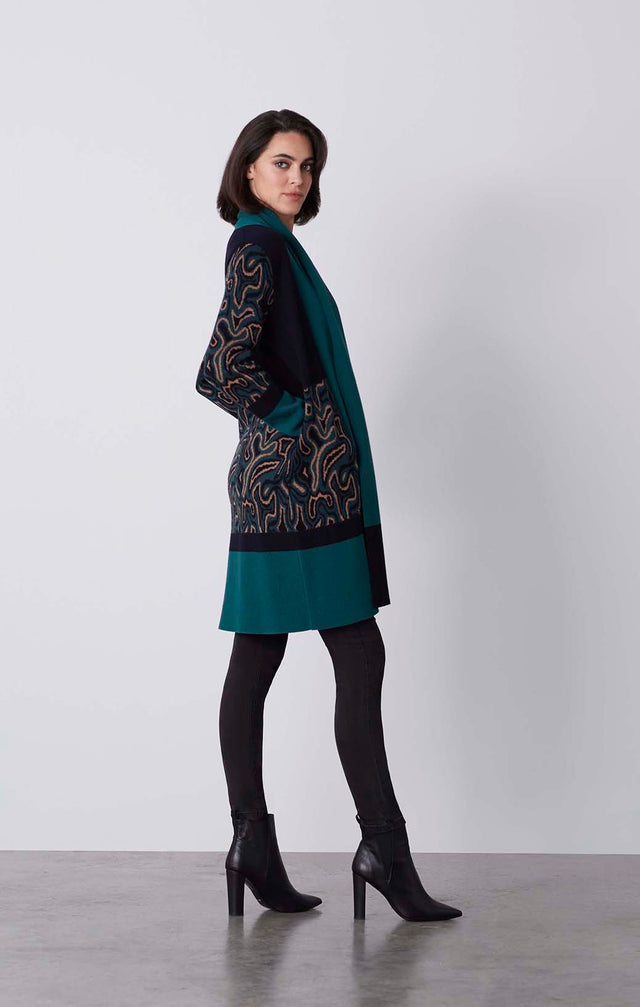 Gentility - Colorblock Sweater Coat With Geometric Jacquard - On Model