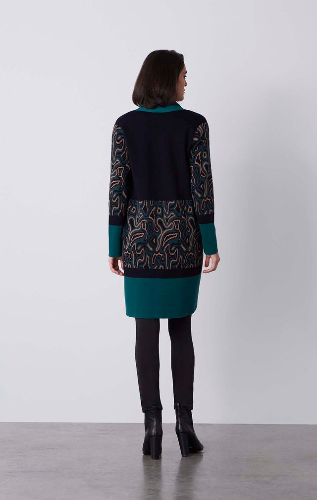 Gentility - Colorblock Sweater Coat With Geometric Jacquard - On Model