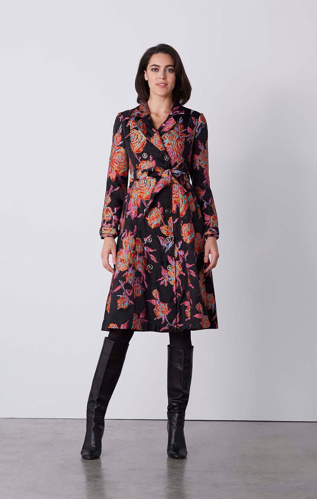 Regalia - Belted Floral-Jacquard Coat Dress - On Model
