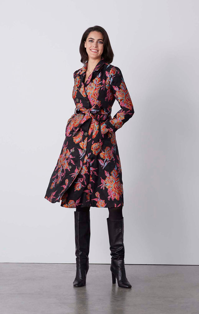 Regalia - Belted Floral-Jacquard Coat Dress - On Model