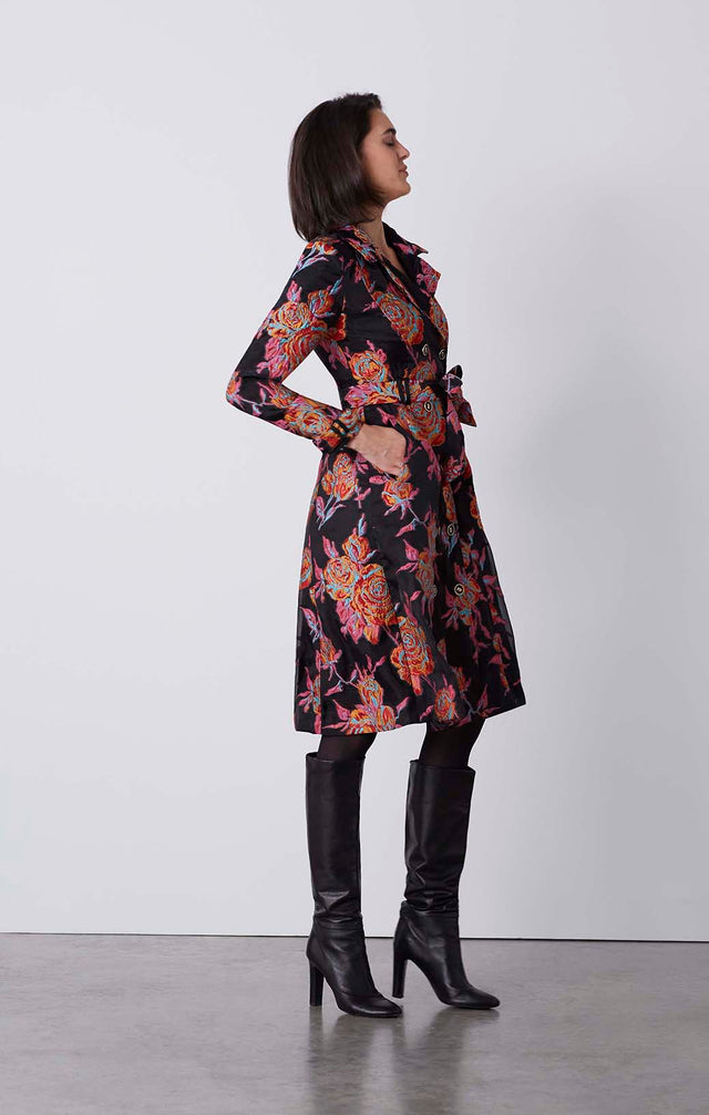 Regalia - Belted Floral-Jacquard Coat Dress - On Model