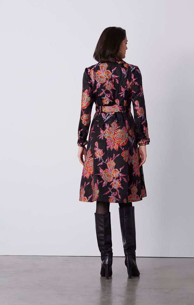 Regalia - Belted Floral-Jacquard Coat Dress - On Model