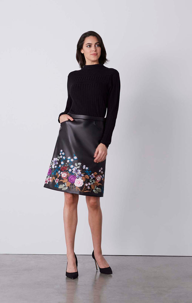 Fragrant - Flower-Embroidered Leather-Look Skirt - On Model