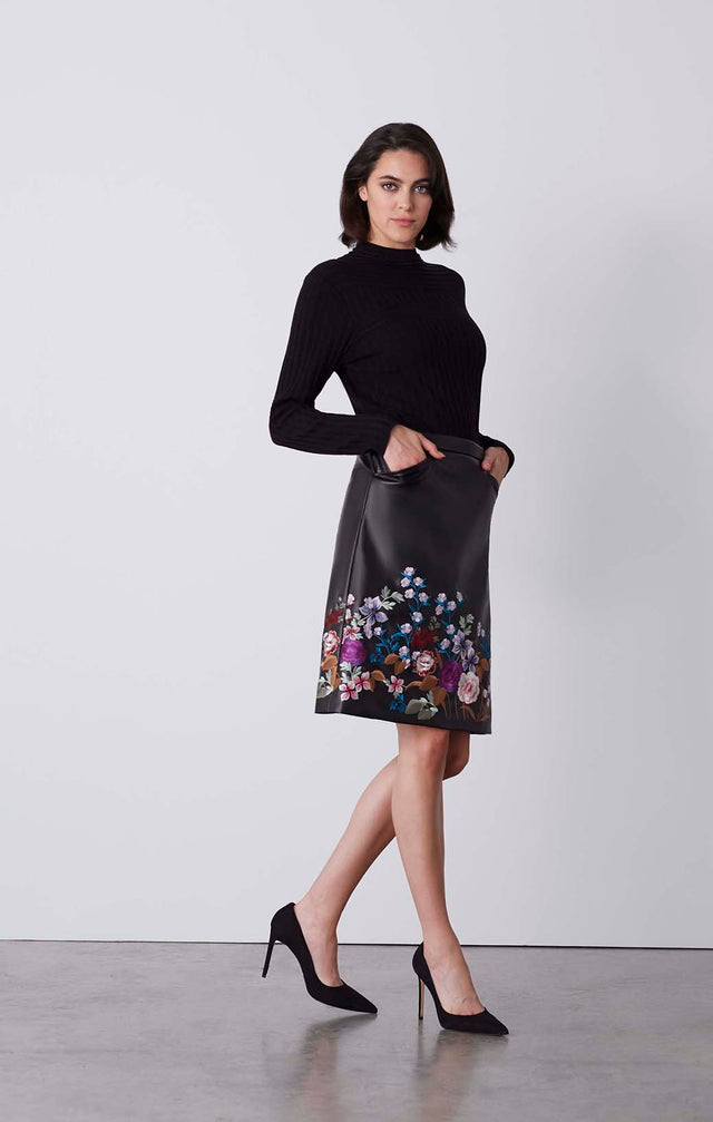 Fragrant - Flower-Embroidered Leather-Look Skirt - On Model