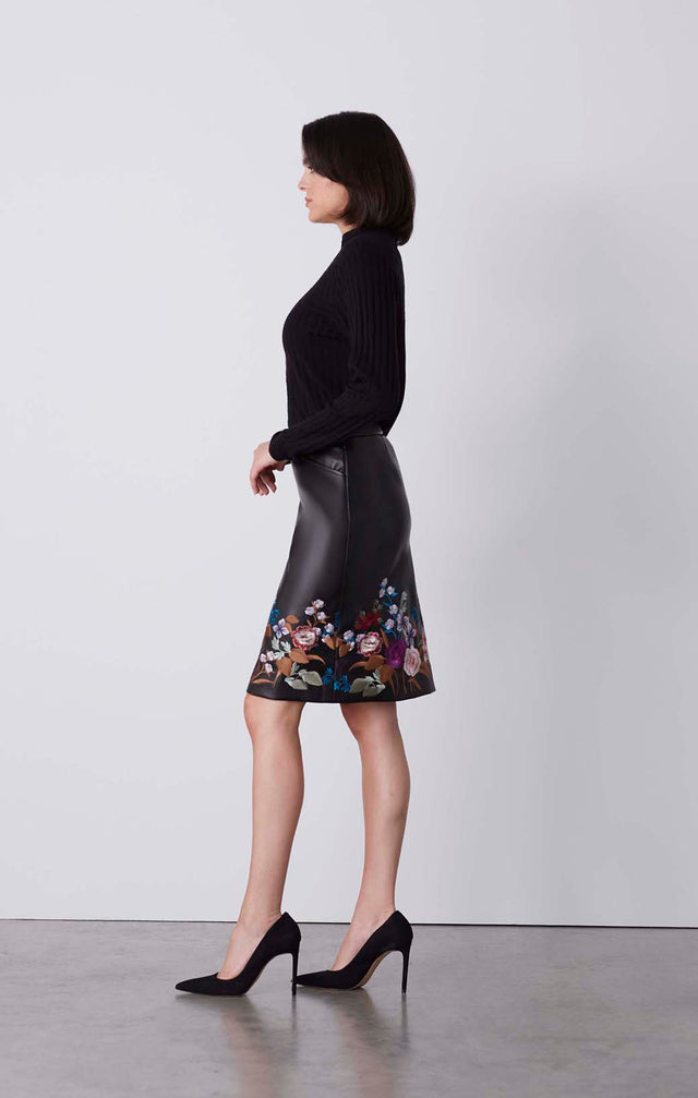 Fragrant - Flower-Embroidered Leather-Look Skirt - On Model