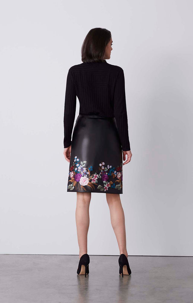 Fragrant - Flower-Embroidered Leather-Look Skirt - On Model
