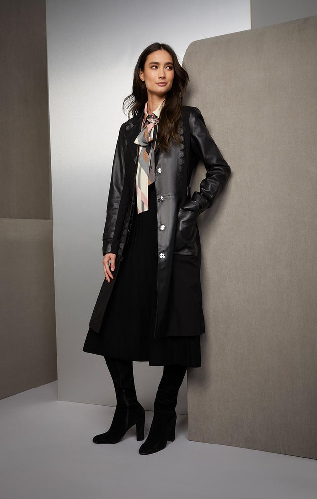 VANGUARD-SCALLOPED LEATHER & PONTE TRENCH-5-JK-1710-ON MODEL