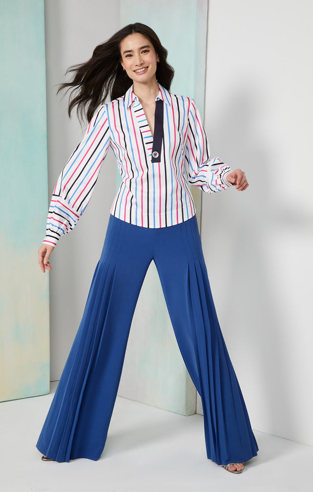 Lookbook photo of a model wearing the Hyacinth pants, which is a Japanese crêpe pants.