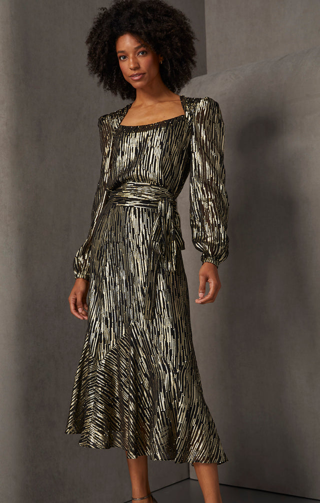 Gala - Blouse With Metallic Gold Stripe Jacquard - On Model