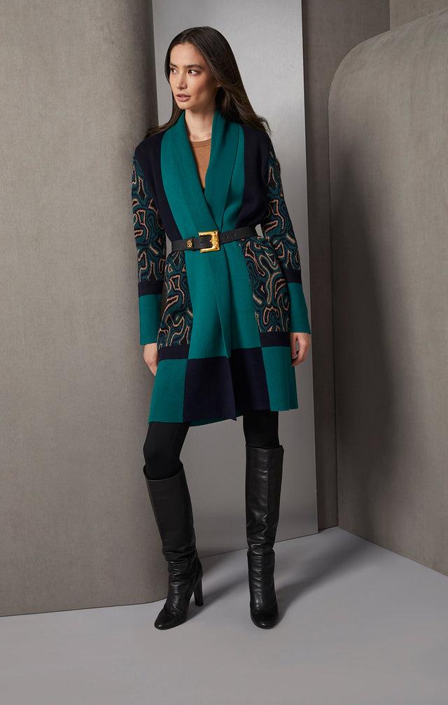 Gentility - Colorblock Sweater Coat With Geometric Jacquard - On Model, Look