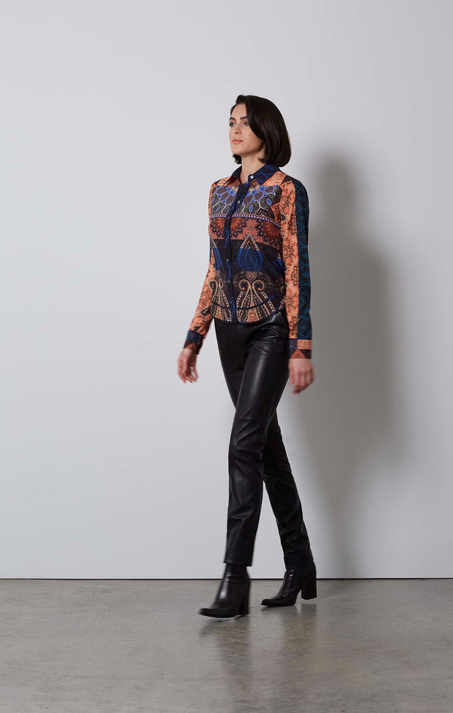 KASBAH-PRINT STRETCH SILK CRÊPE BLOUSE-1-TP-1704-ON MODEL